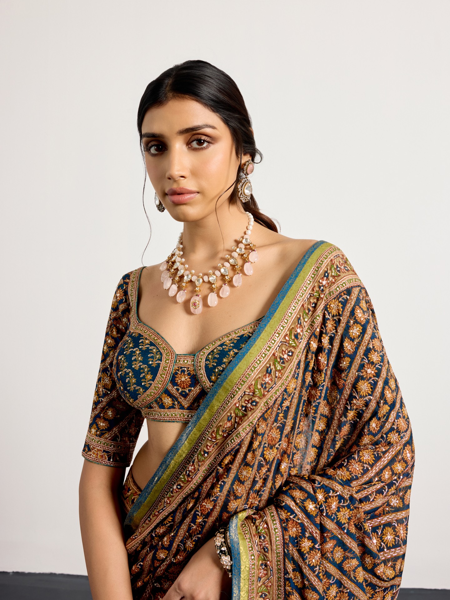 Dark Teal Bougainvilla Saree