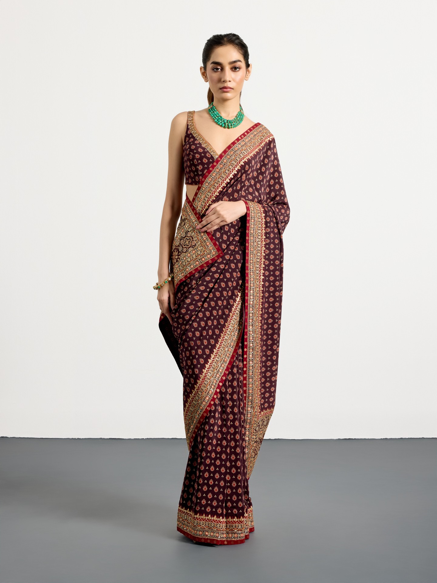 Brown  Multi Bandhni Ajrak Saree