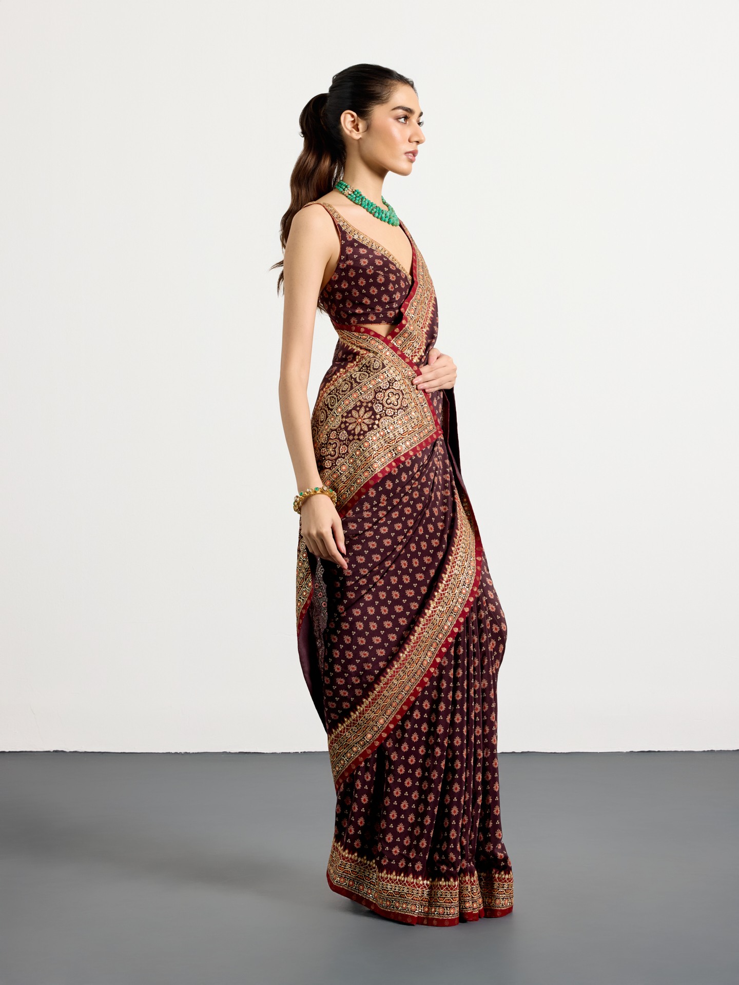 Brown  Multi Bandhni Ajrak Saree