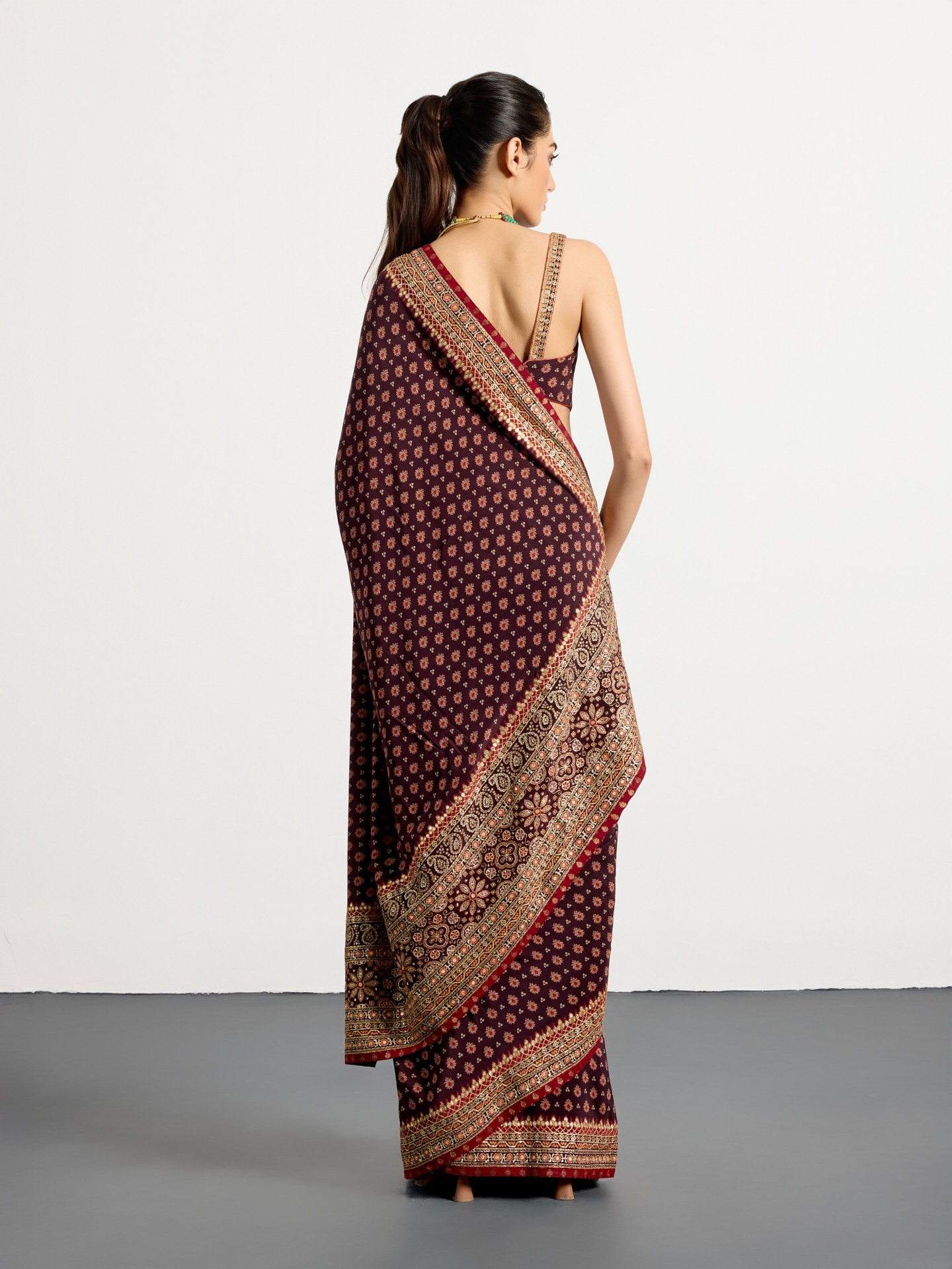 Brown  Multi Bandhni Ajrak Saree