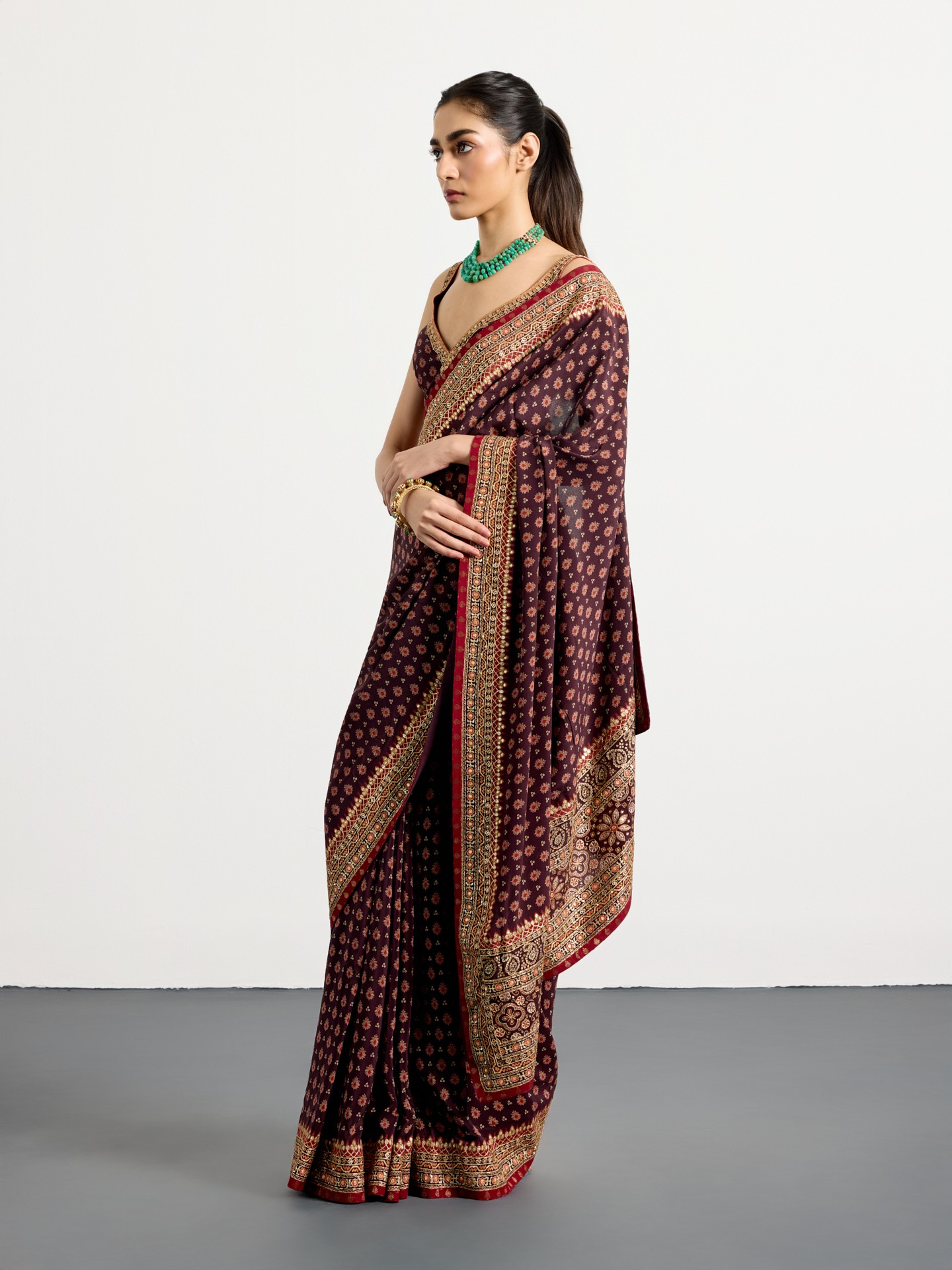 Brown  Multi Bandhni Ajrak Saree
