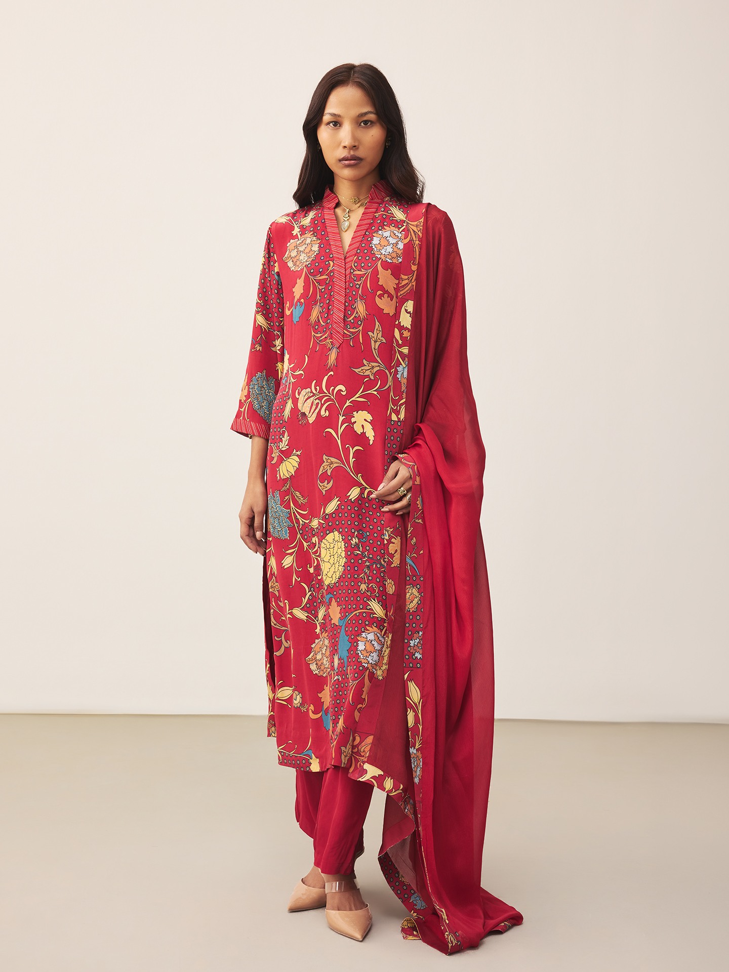 Red & Beige Calico K Suit Set