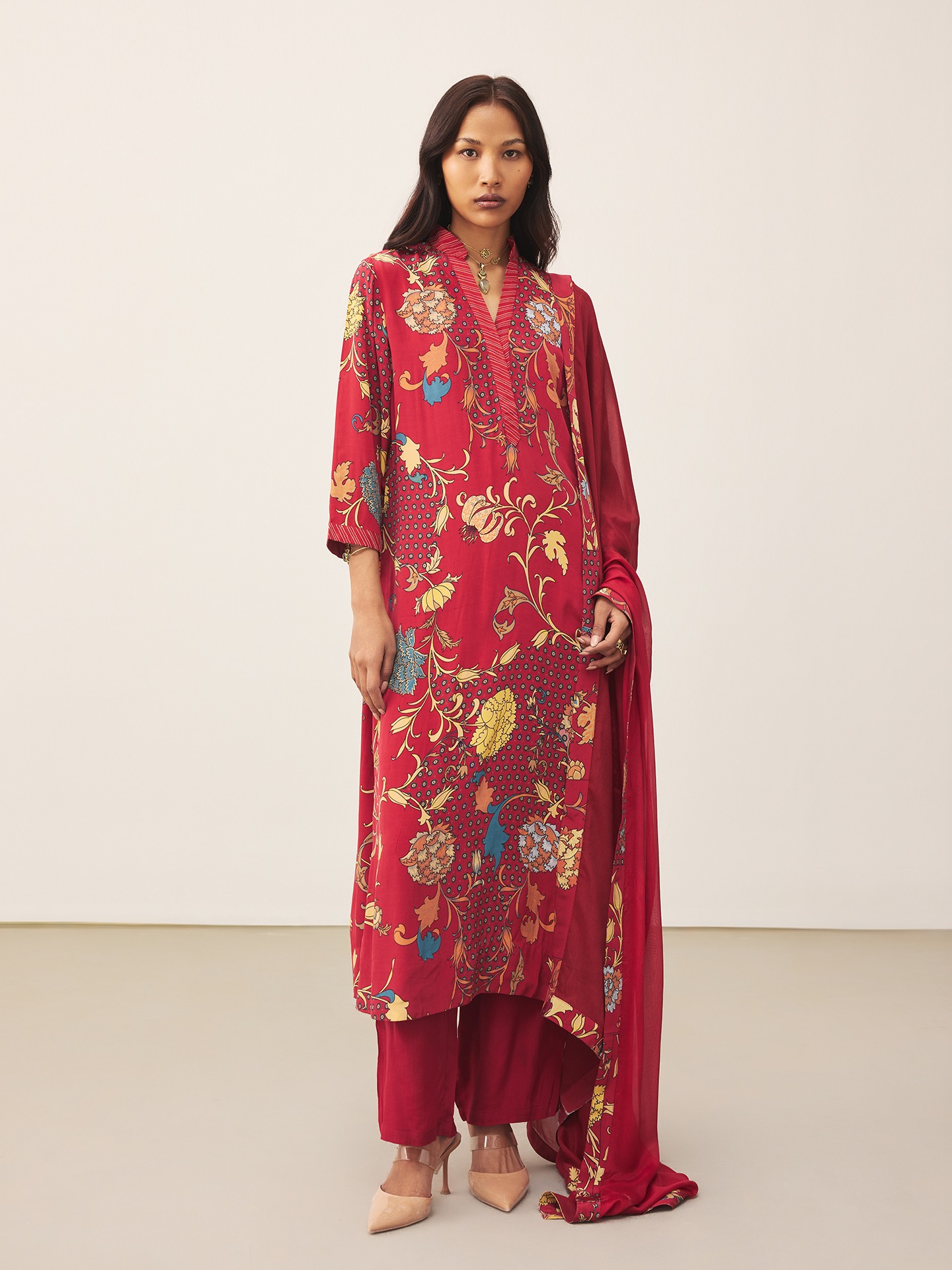 Red & Beige Calico K Suit Set