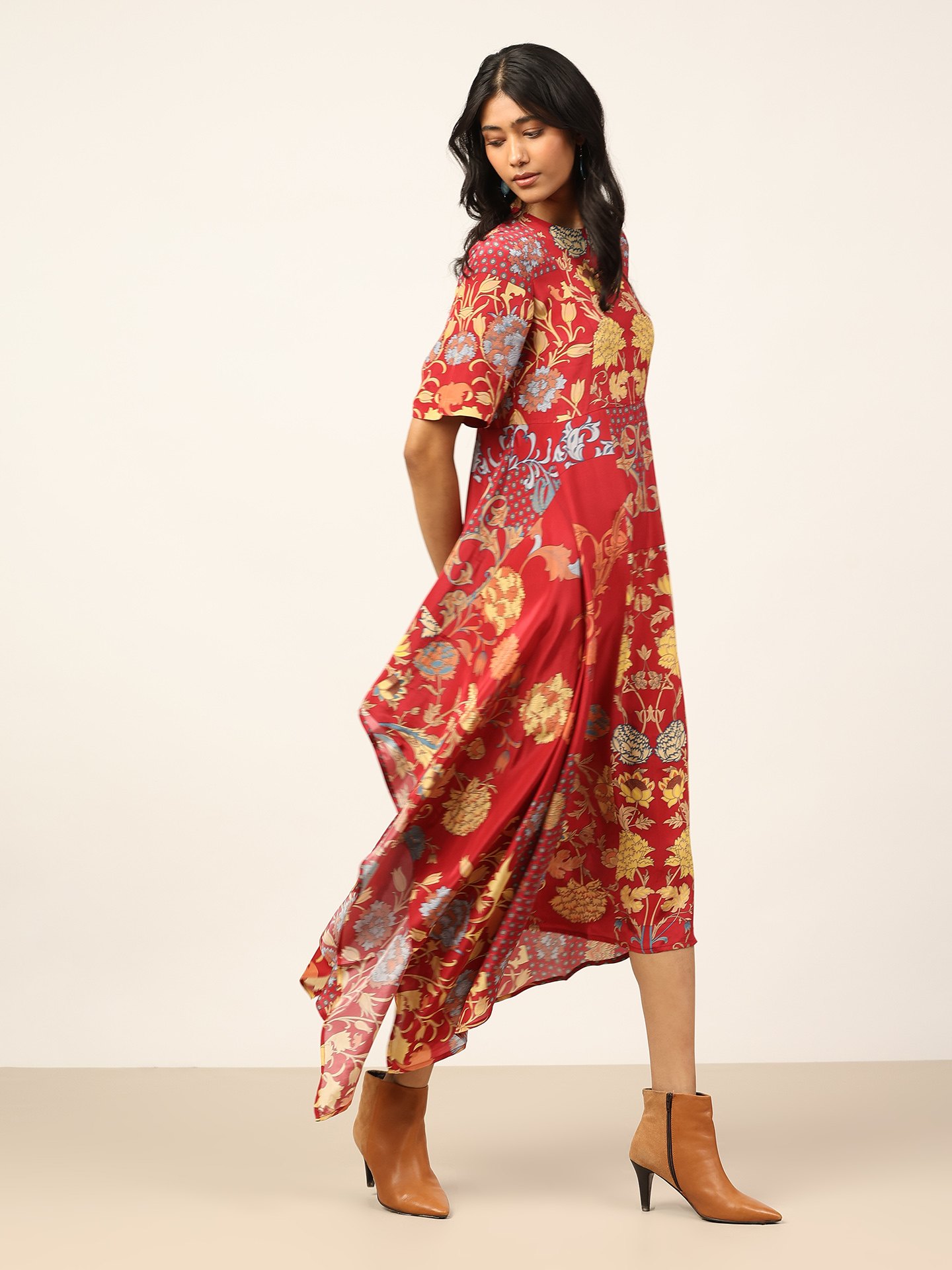 Red & Beige Calico K Dress
