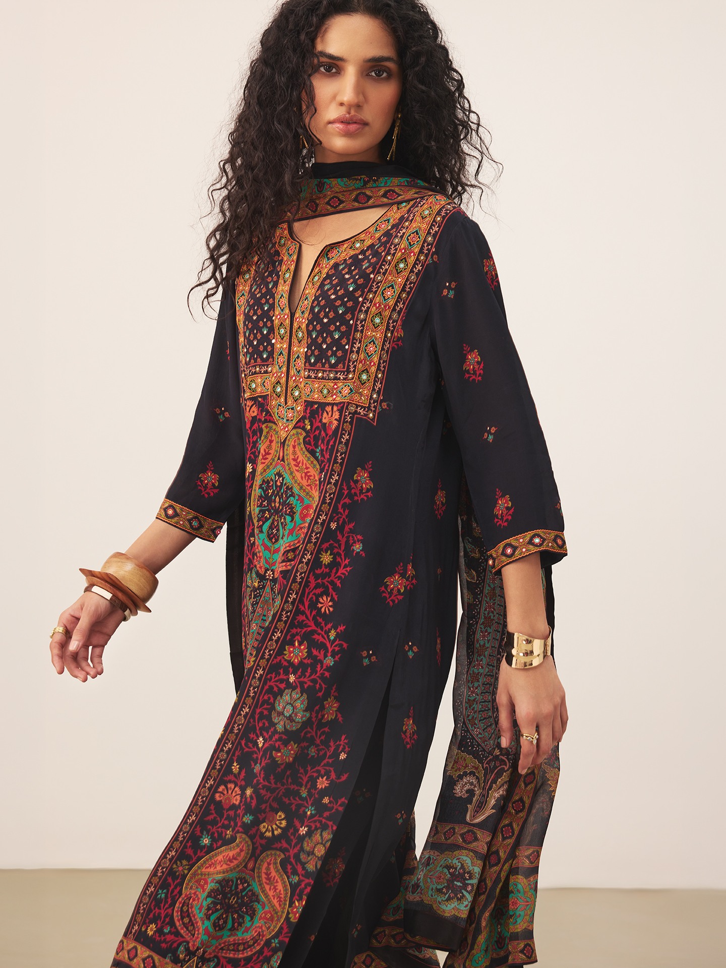 Black & Multi Kalamjama K Suit Set