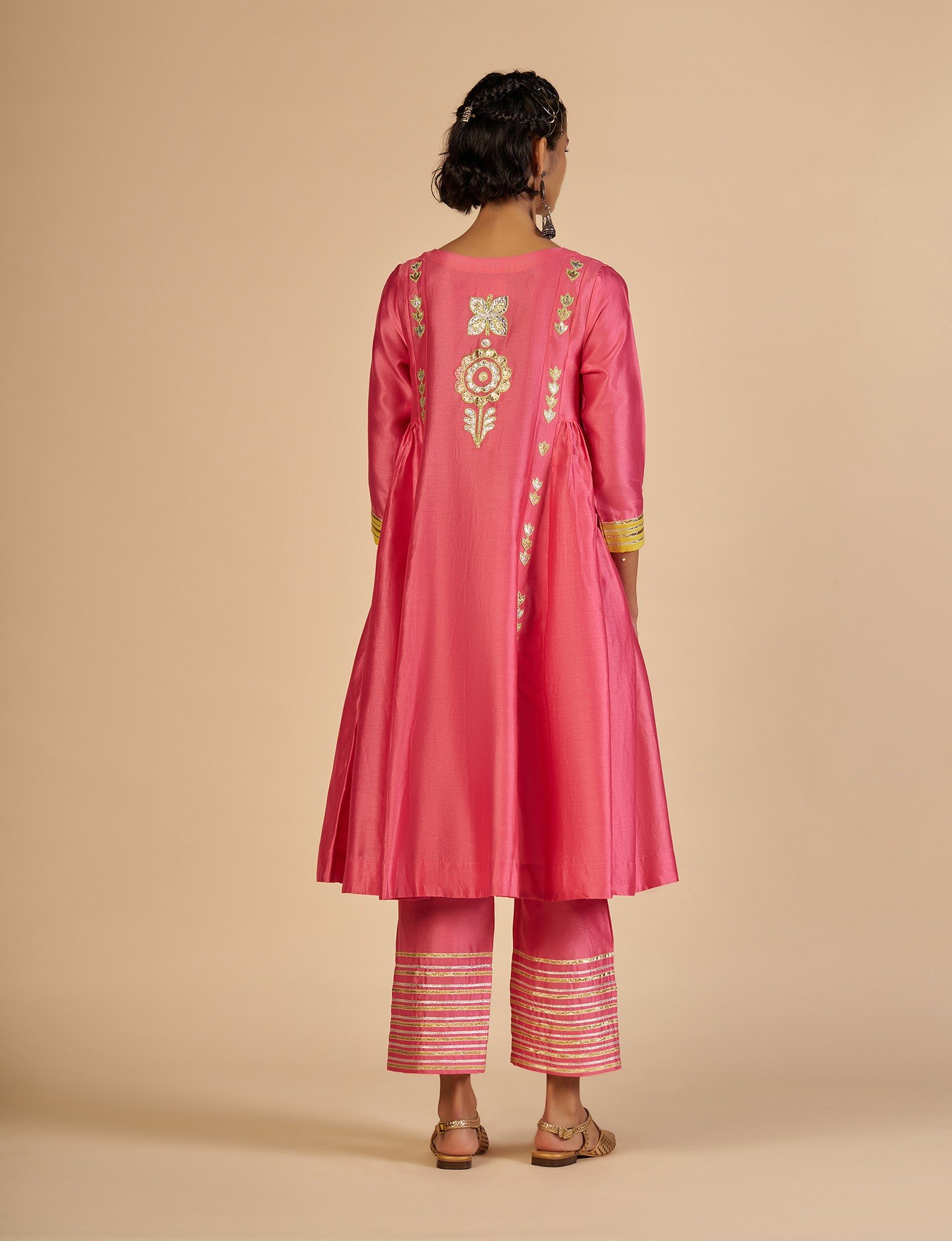 Pink Embroidered Gathered Kurta
