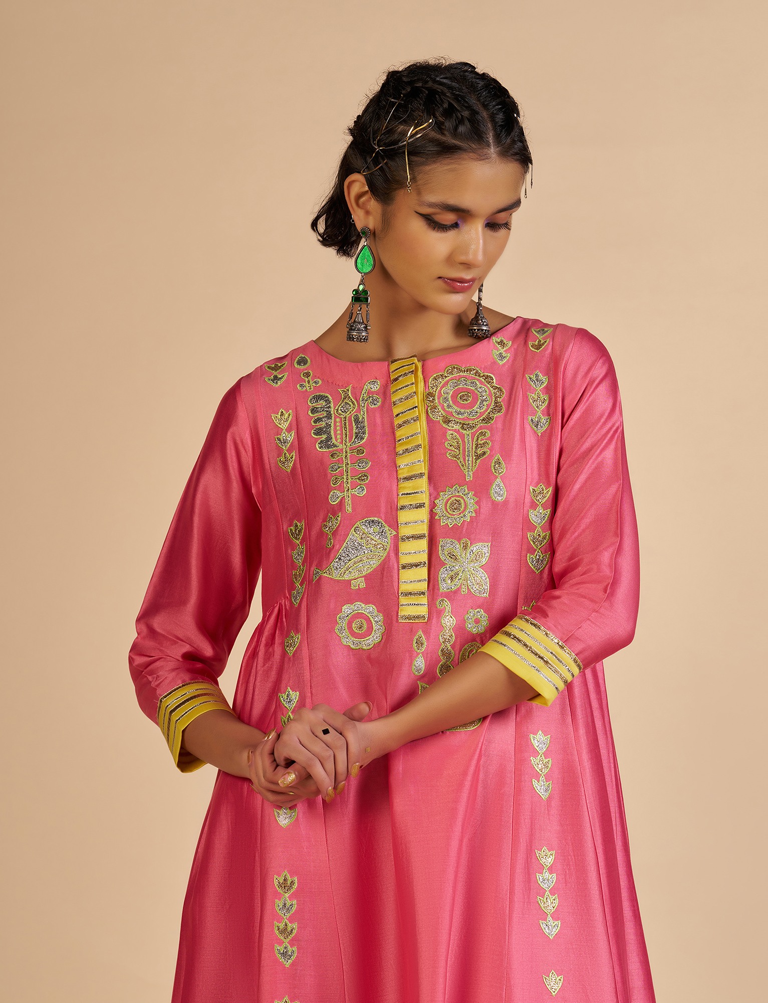 Pink Embroidered Gathered Kurta