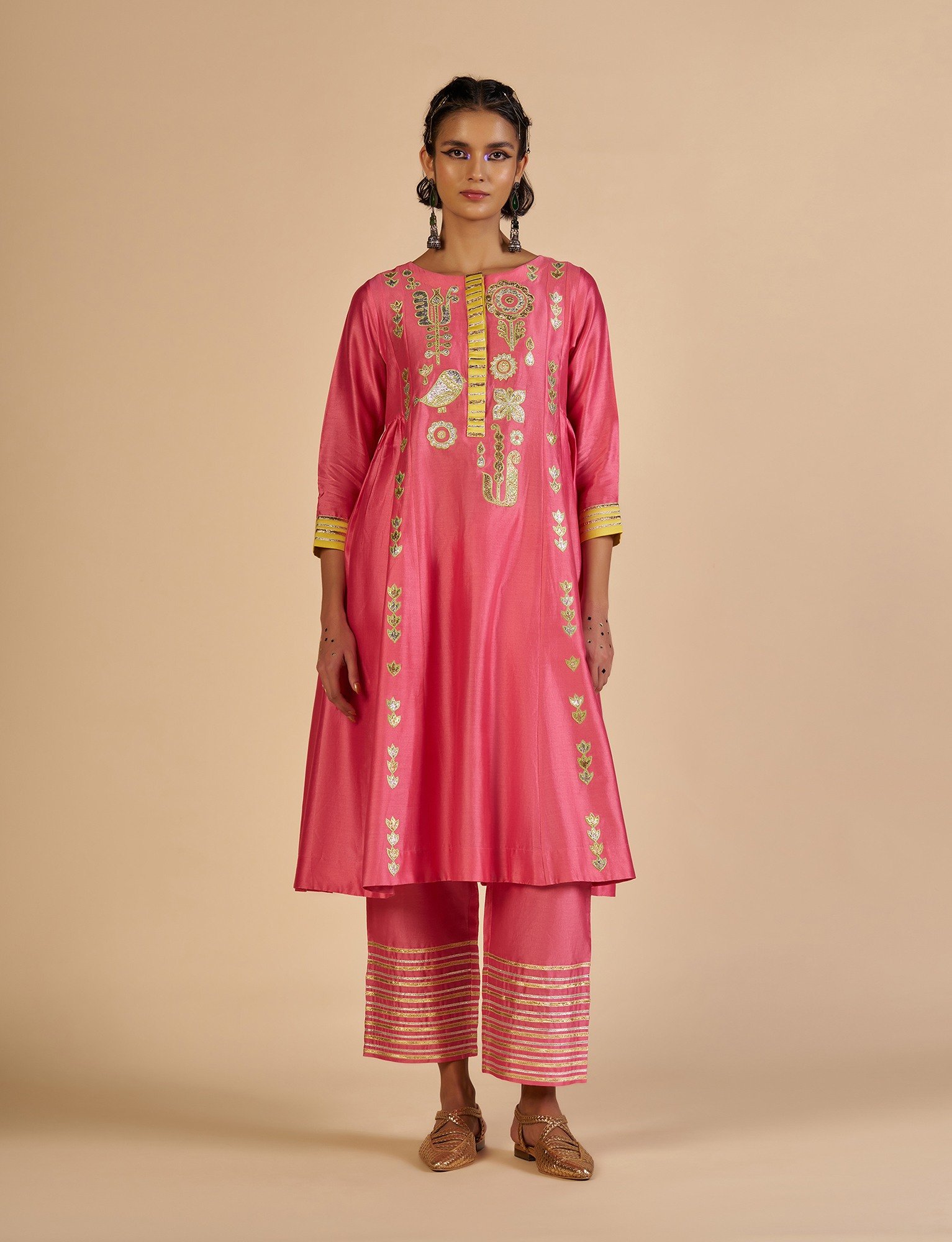 Pink Embroidered Gathered Kurta