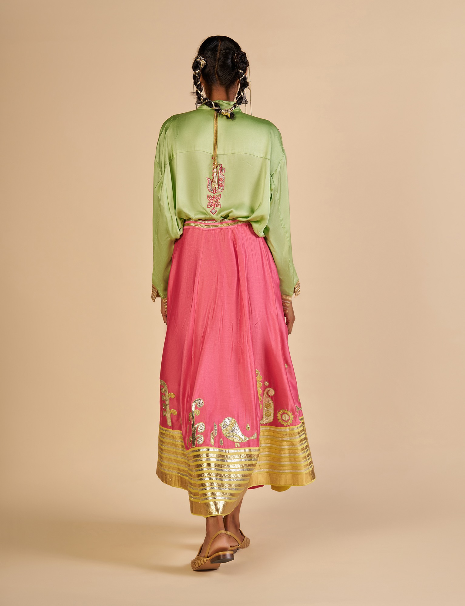 Pink Embroidered Color block Skirt