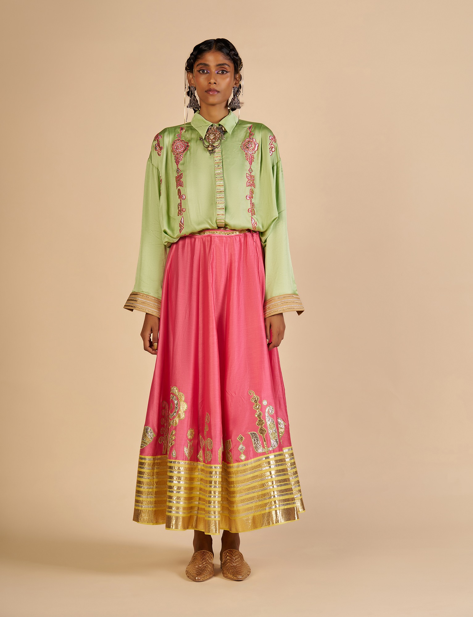 Pink Embroidered Color block Skirt