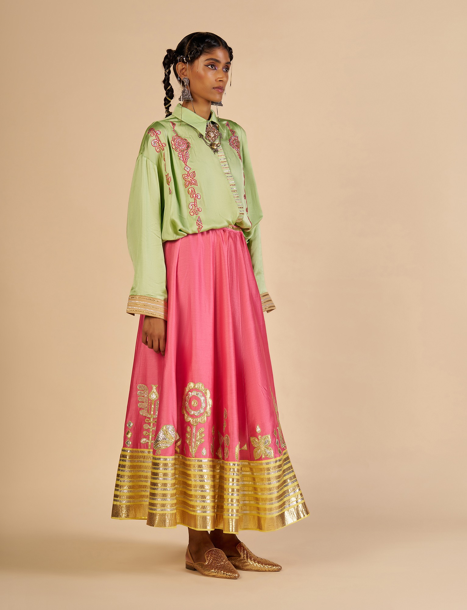 Pink Embroidered Color block Skirt