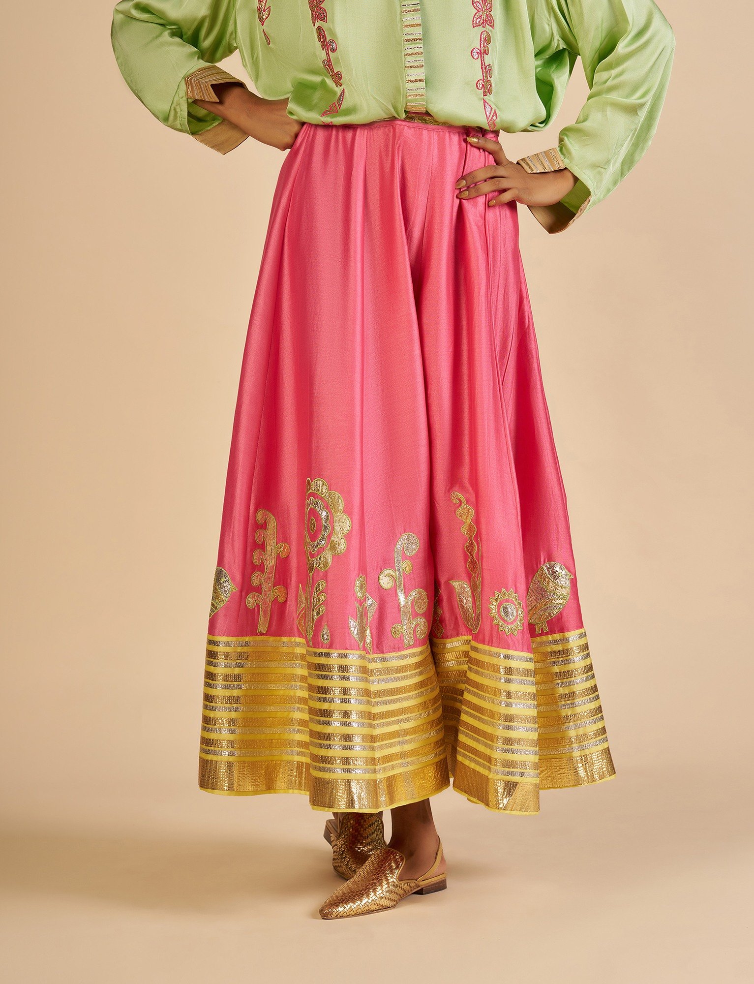 Pink Embroidered Color block Skirt