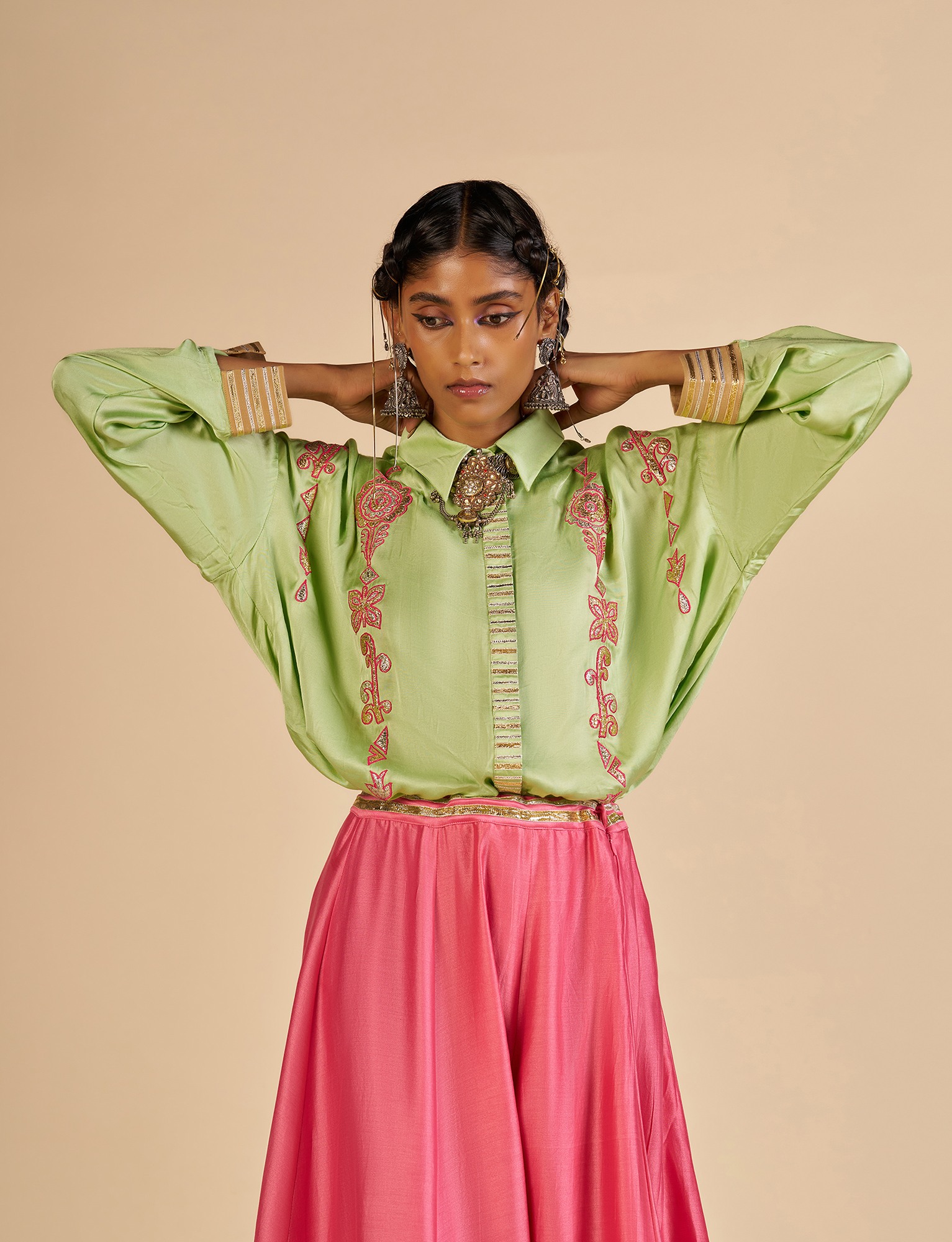 Pink Embroidered Color block Skirt