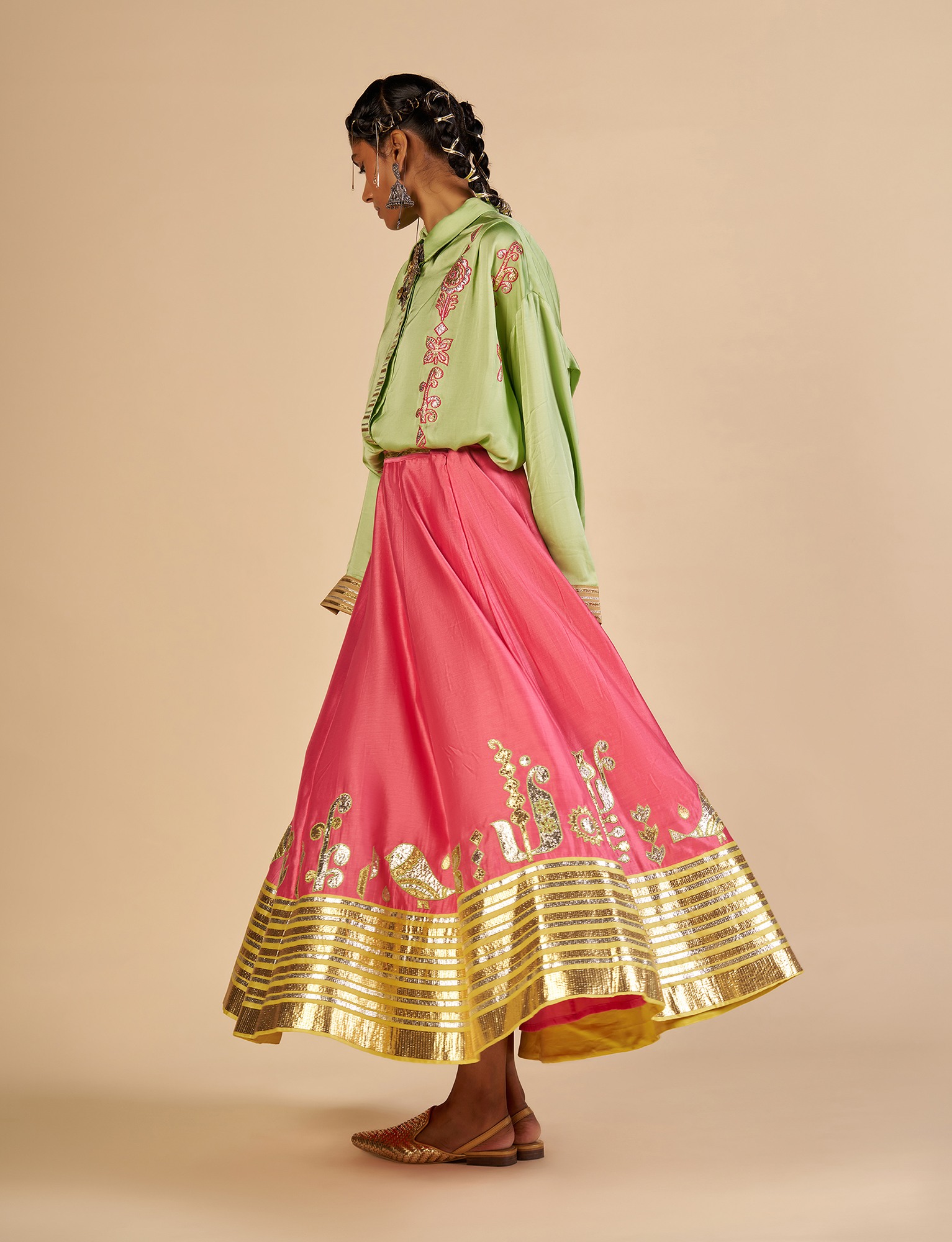 Pink Embroidered Color block Skirt