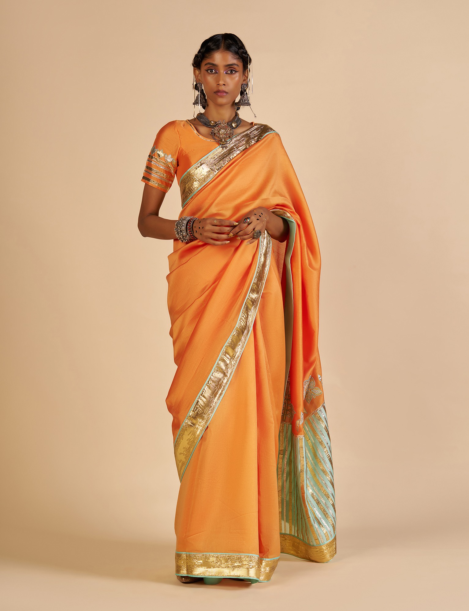 Orange Embroidered color block Sari