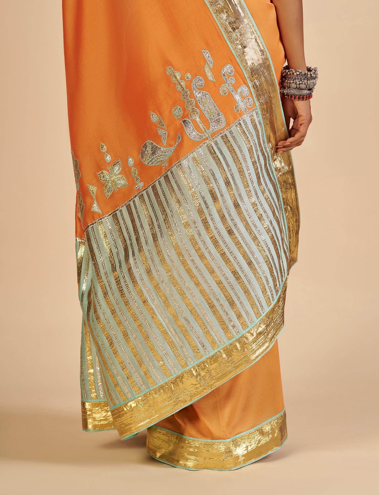 Orange Embroidered color block Sari