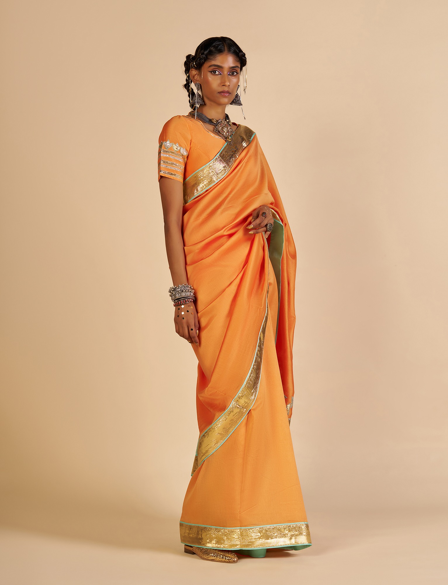 Orange Embroidered color block Sari