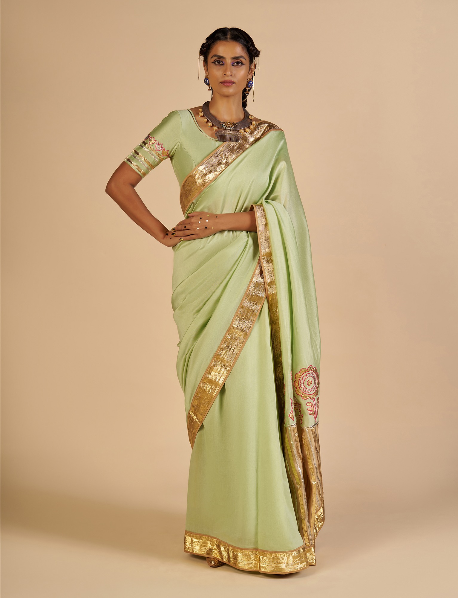 Pista Embroidered color block Sari