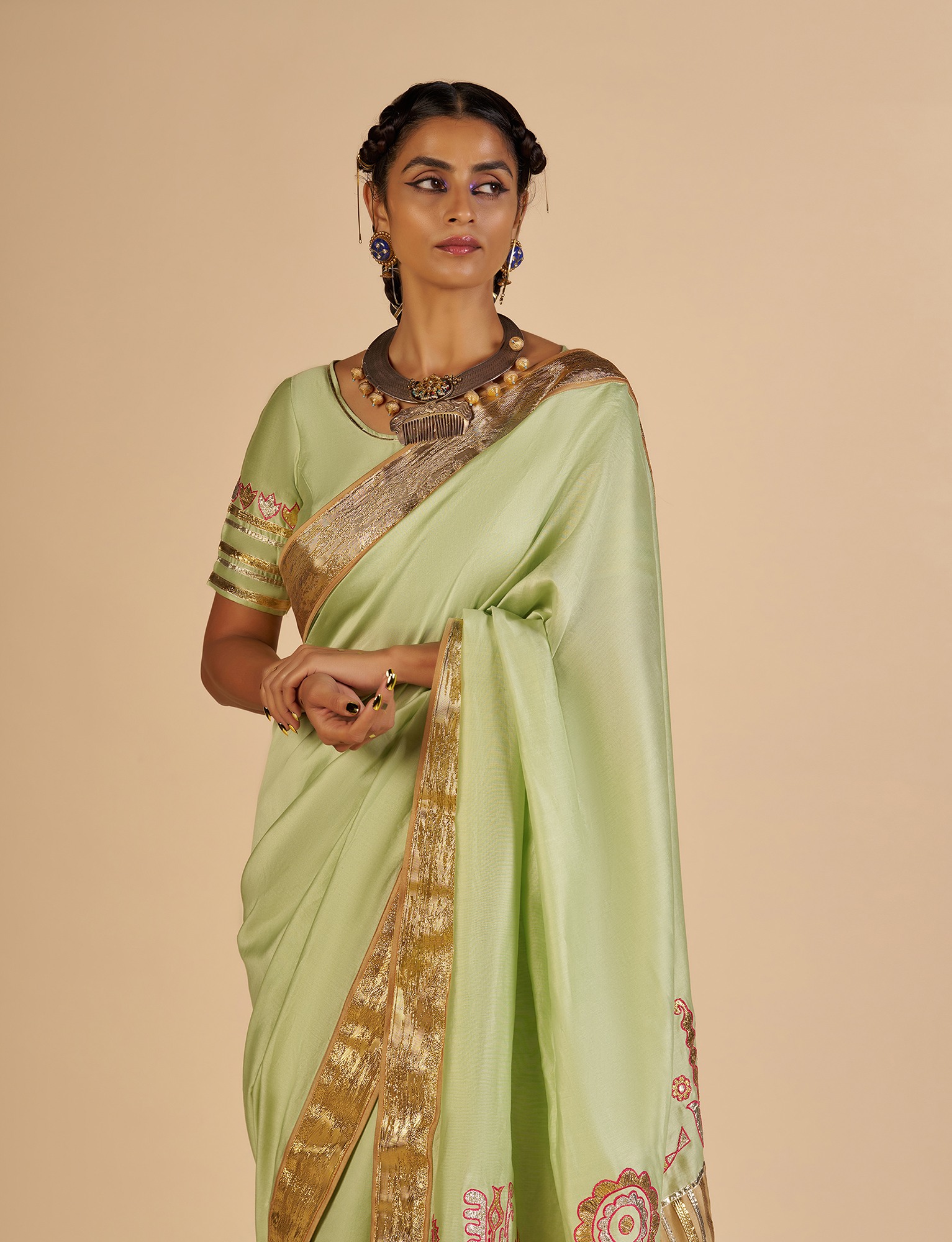 Pista Embroidered color block Sari