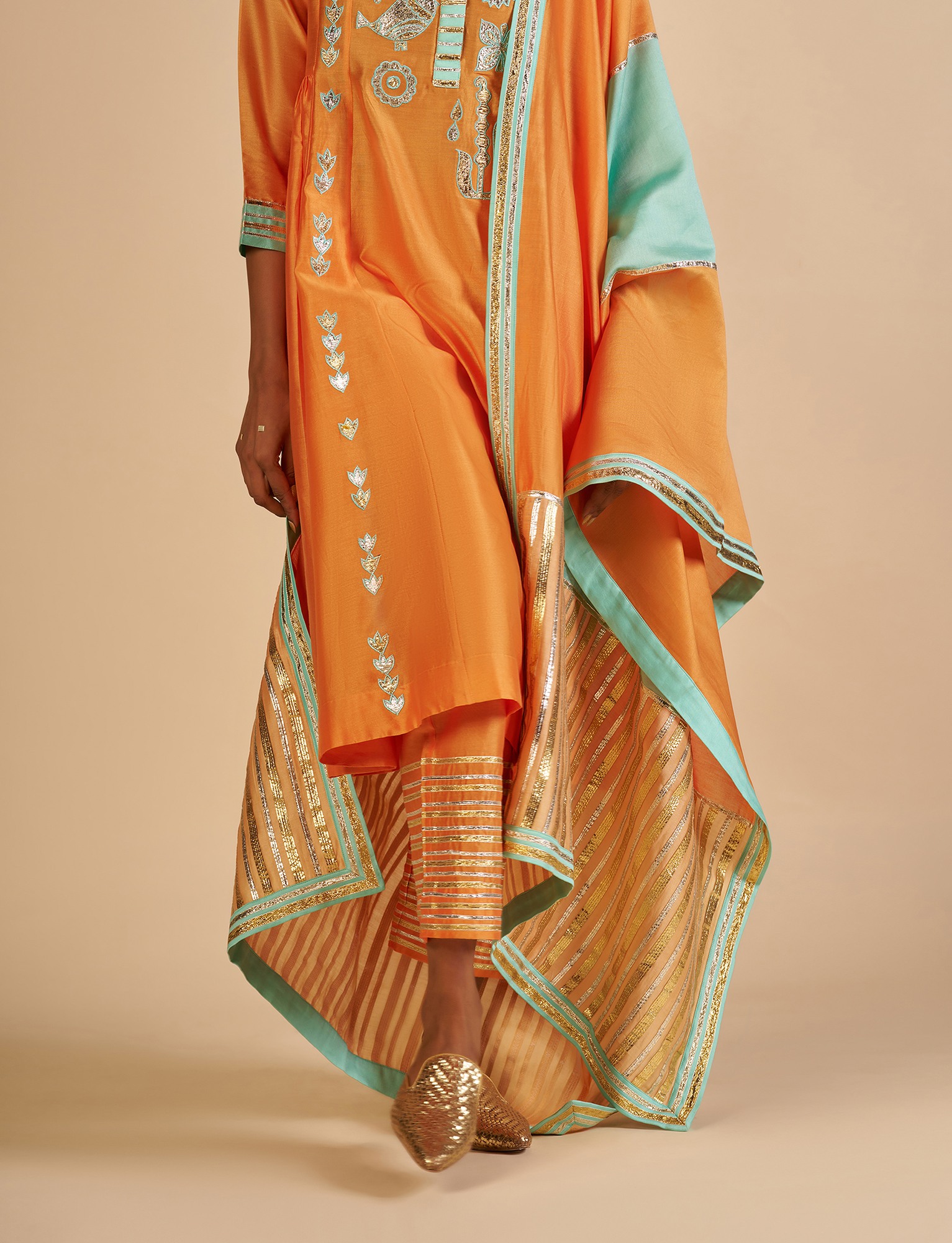 Orange Embroidered color block Dupatta