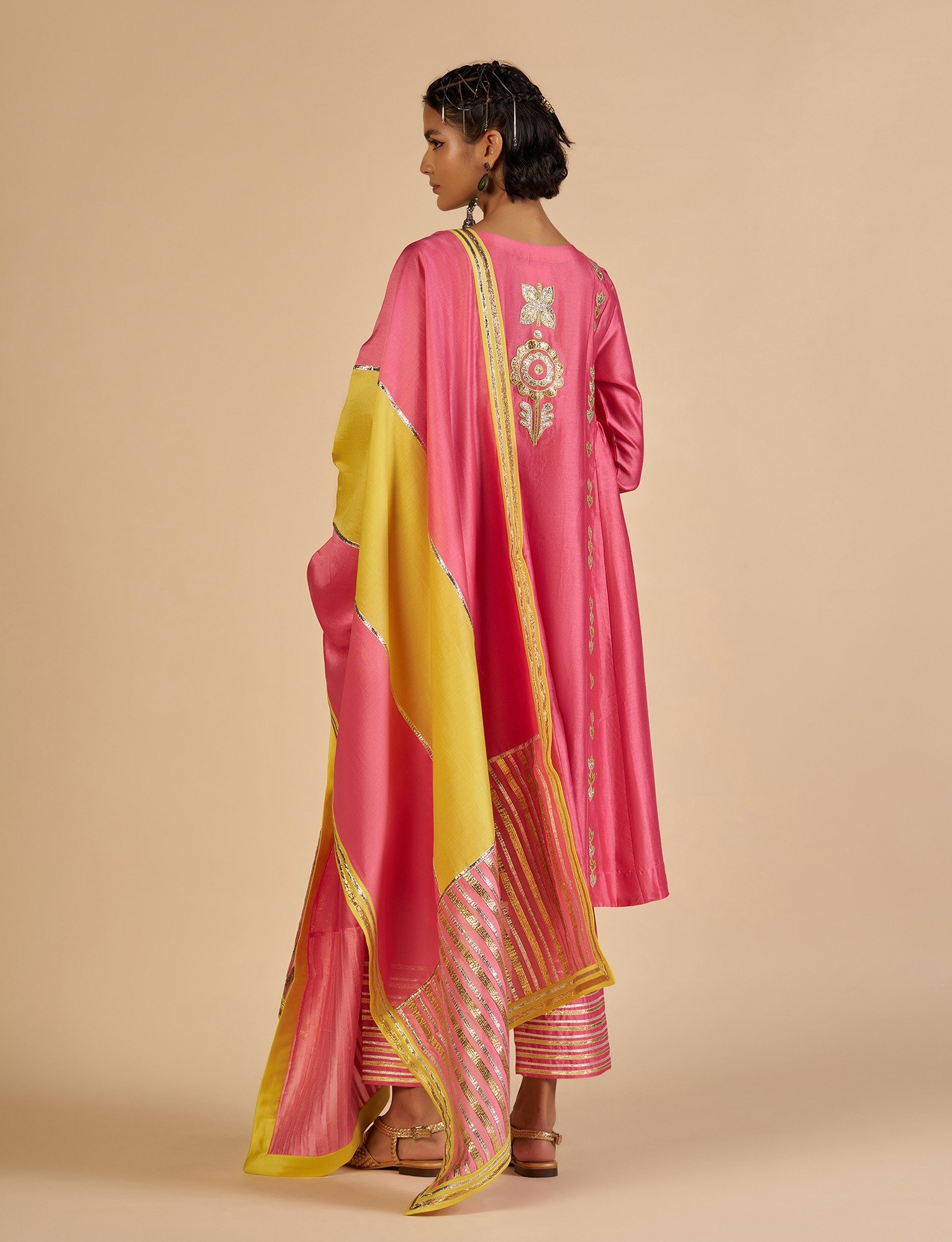 Pink Embroidered color block Dupatta