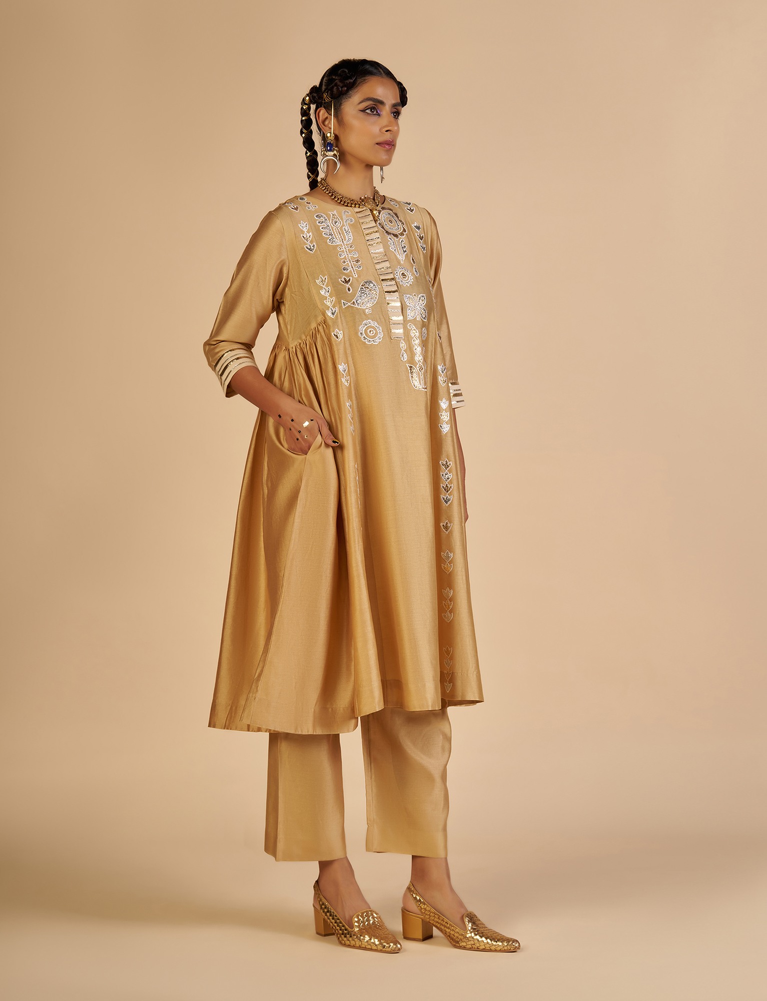 Beige Gathered Kurta