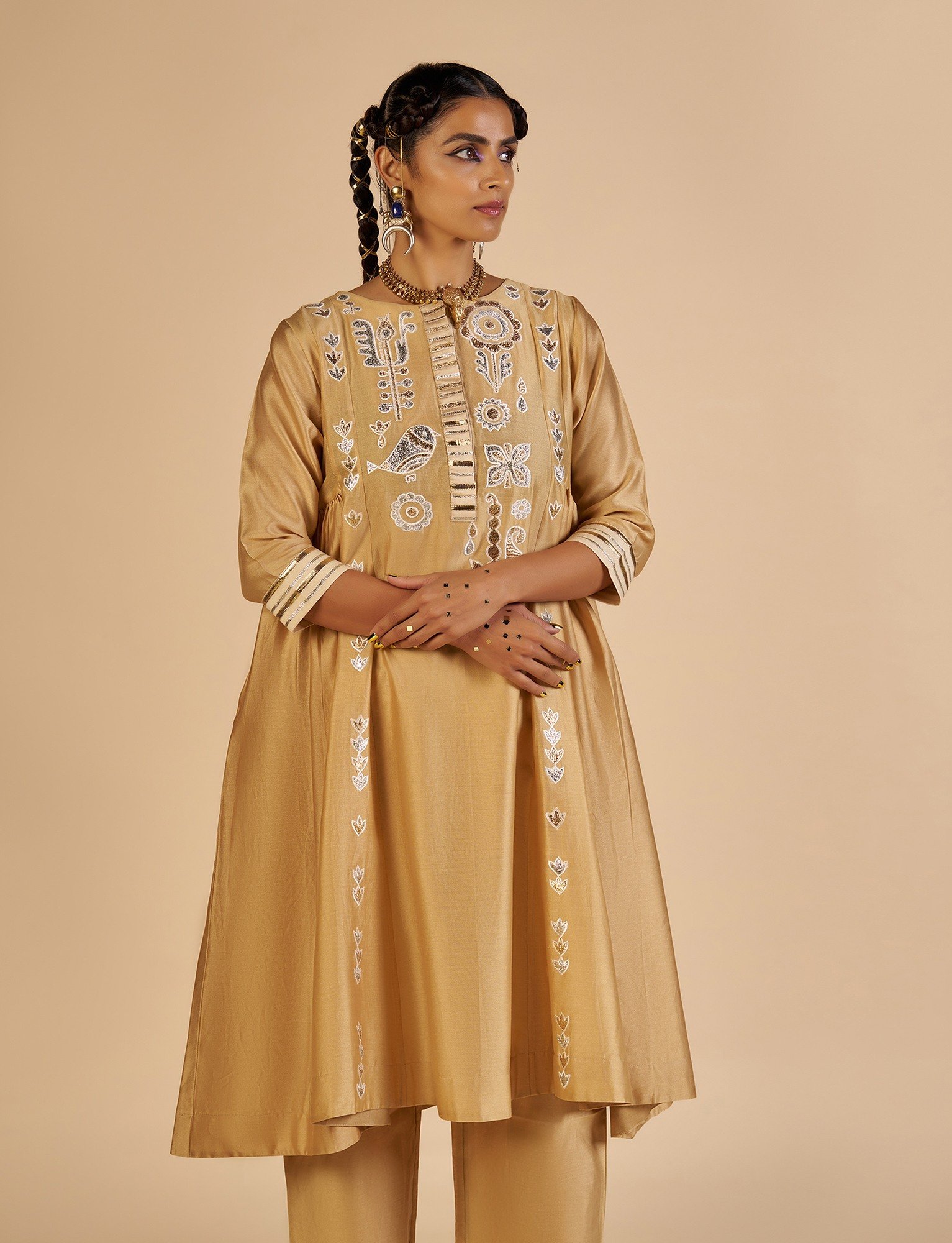 Beige Gathered Kurta