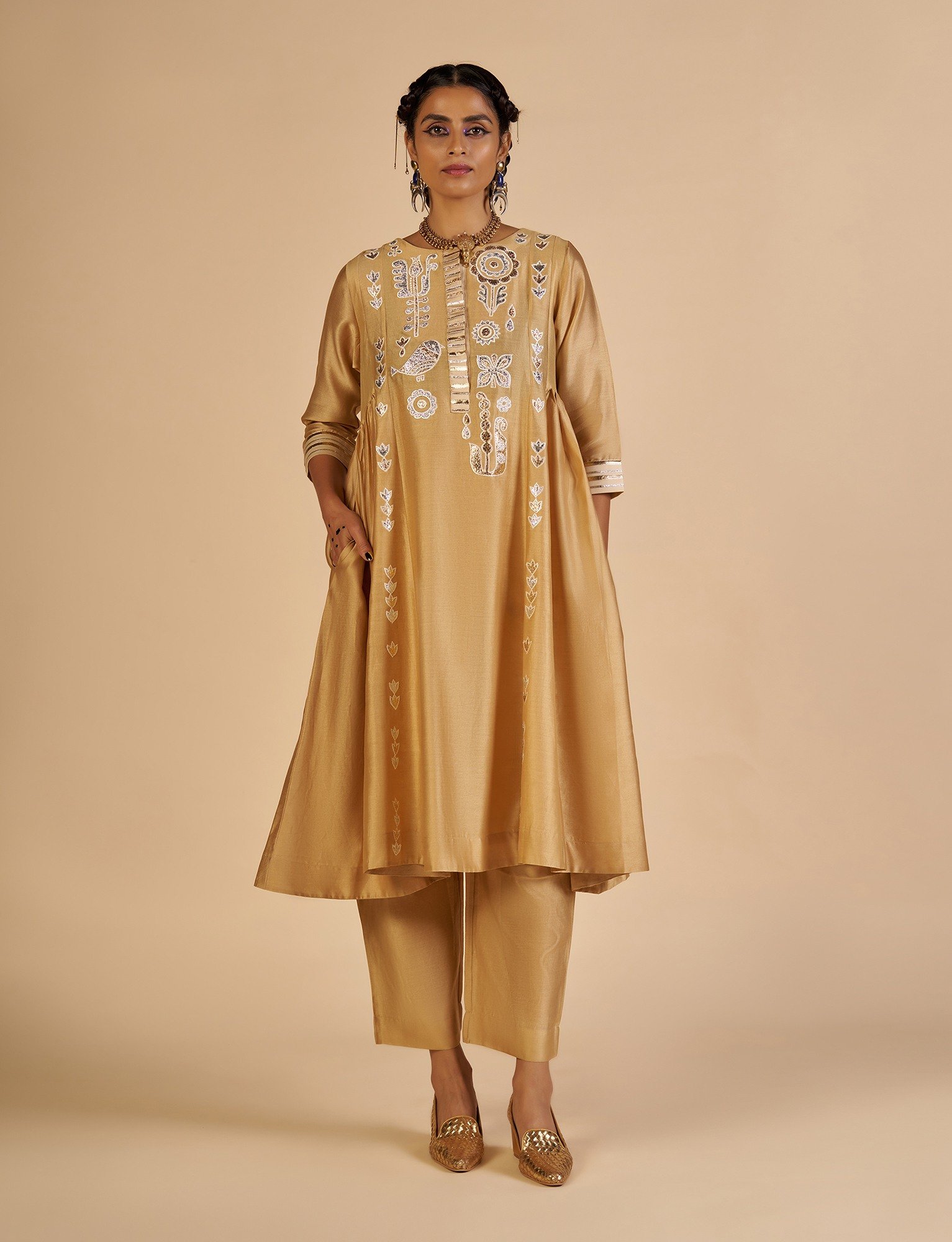 Beige Gathered Kurta