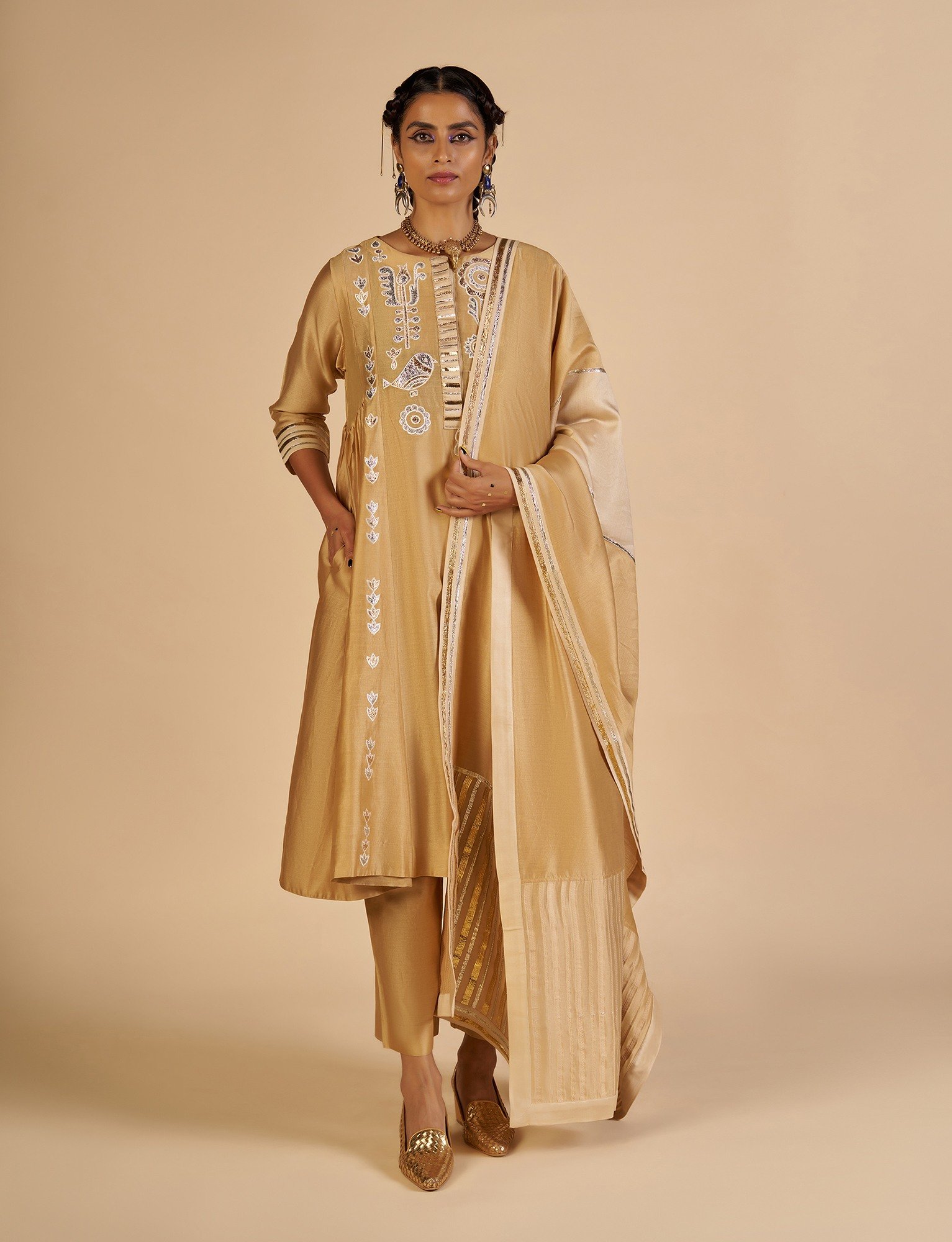 Beige Gathered Kurta