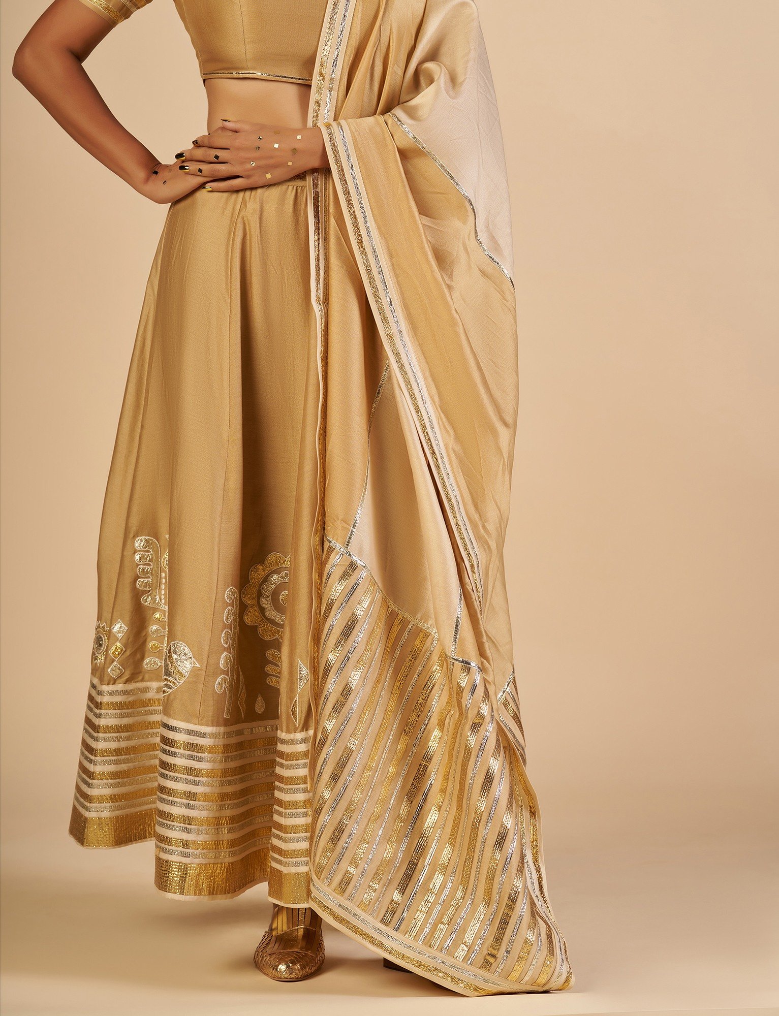 Beige Embroidered Color block Skirt