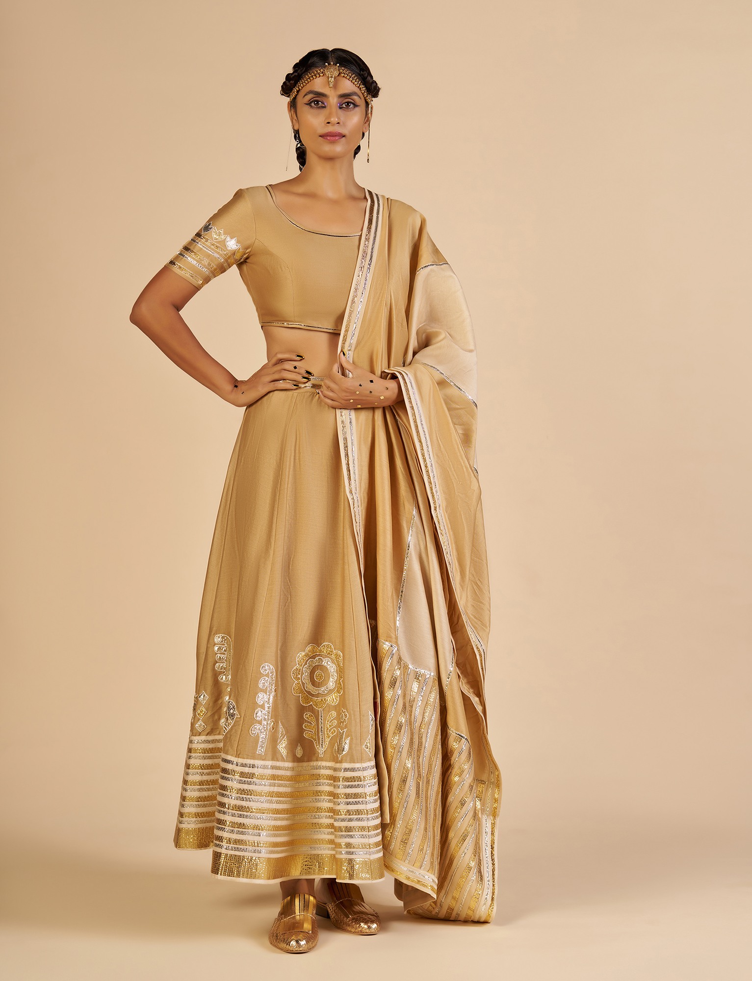 Beige Embroidered Color block Skirt