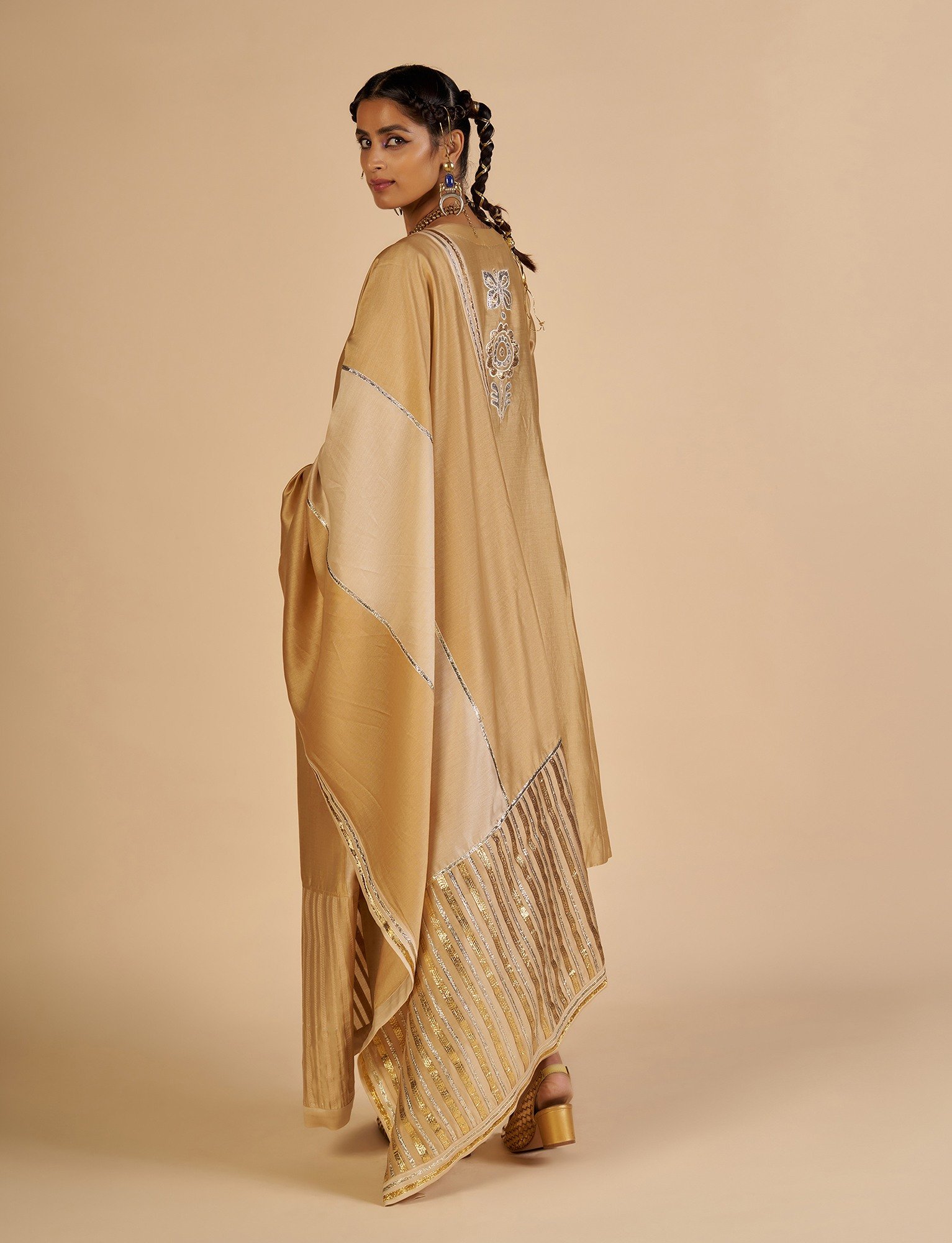 Beige Embroidered color block Dupatta