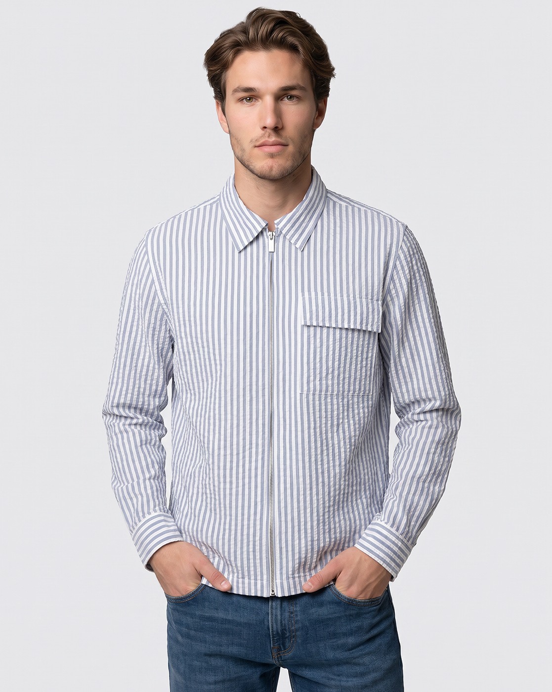 Men's Boxy Fit Zippered Stripe Shirt