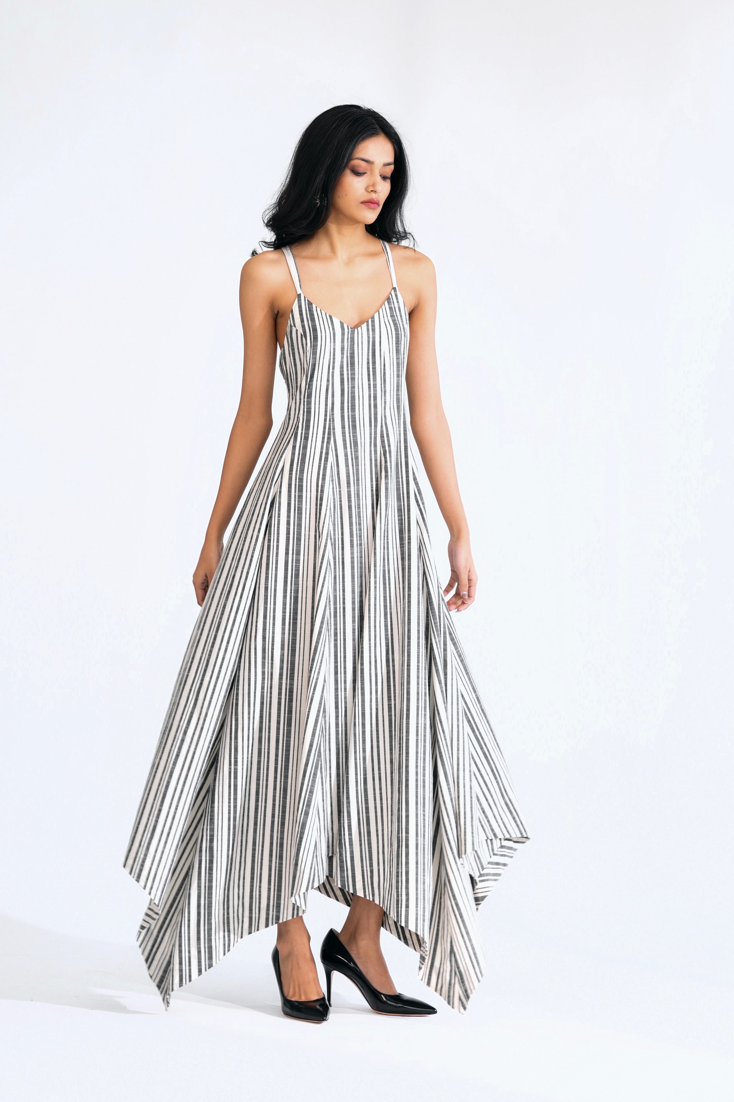 Striped Cotton Strappy Dress with Asymmetric Hem