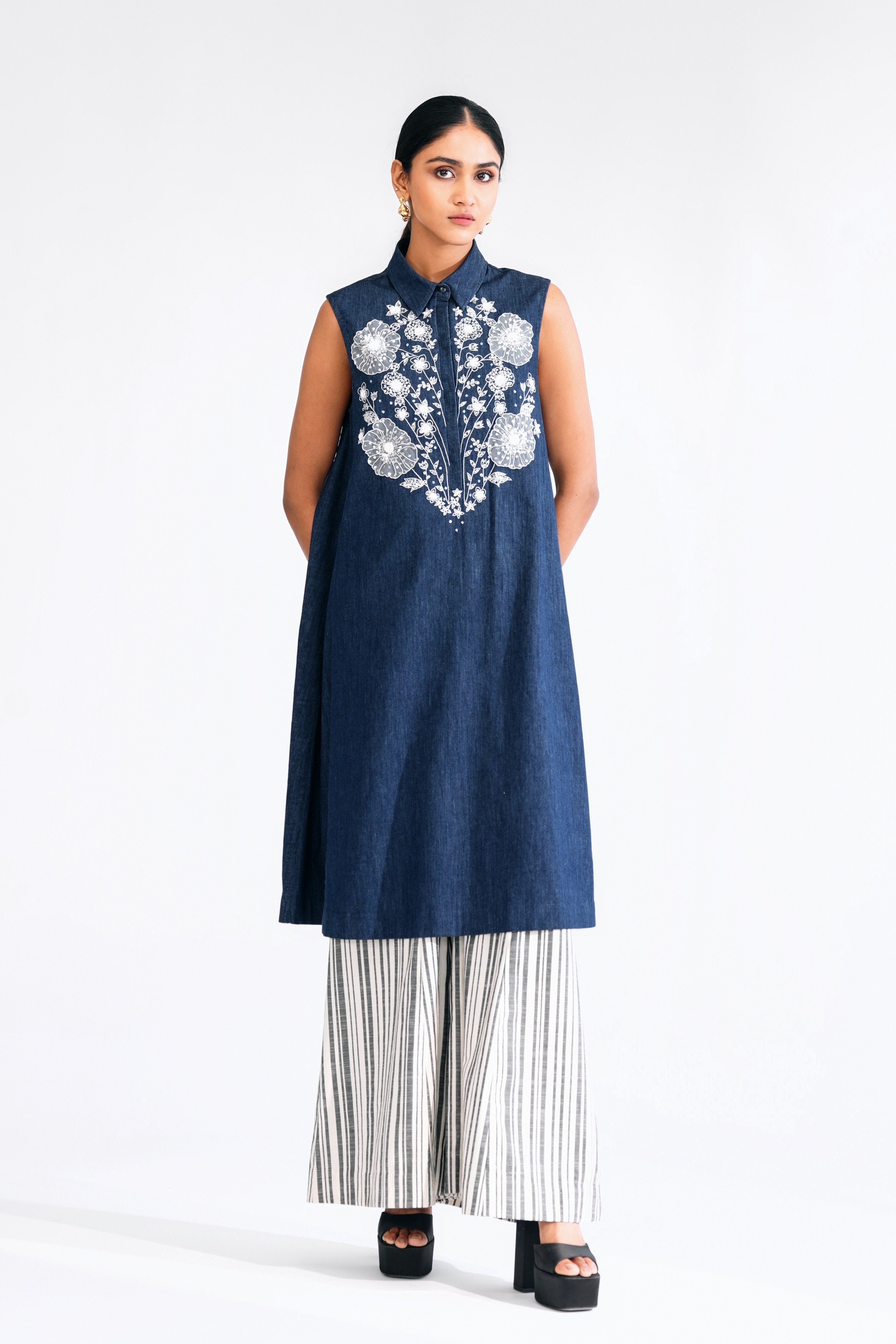 Denim Knee-Length Dress with Hand-Embellished Floral Bouquet