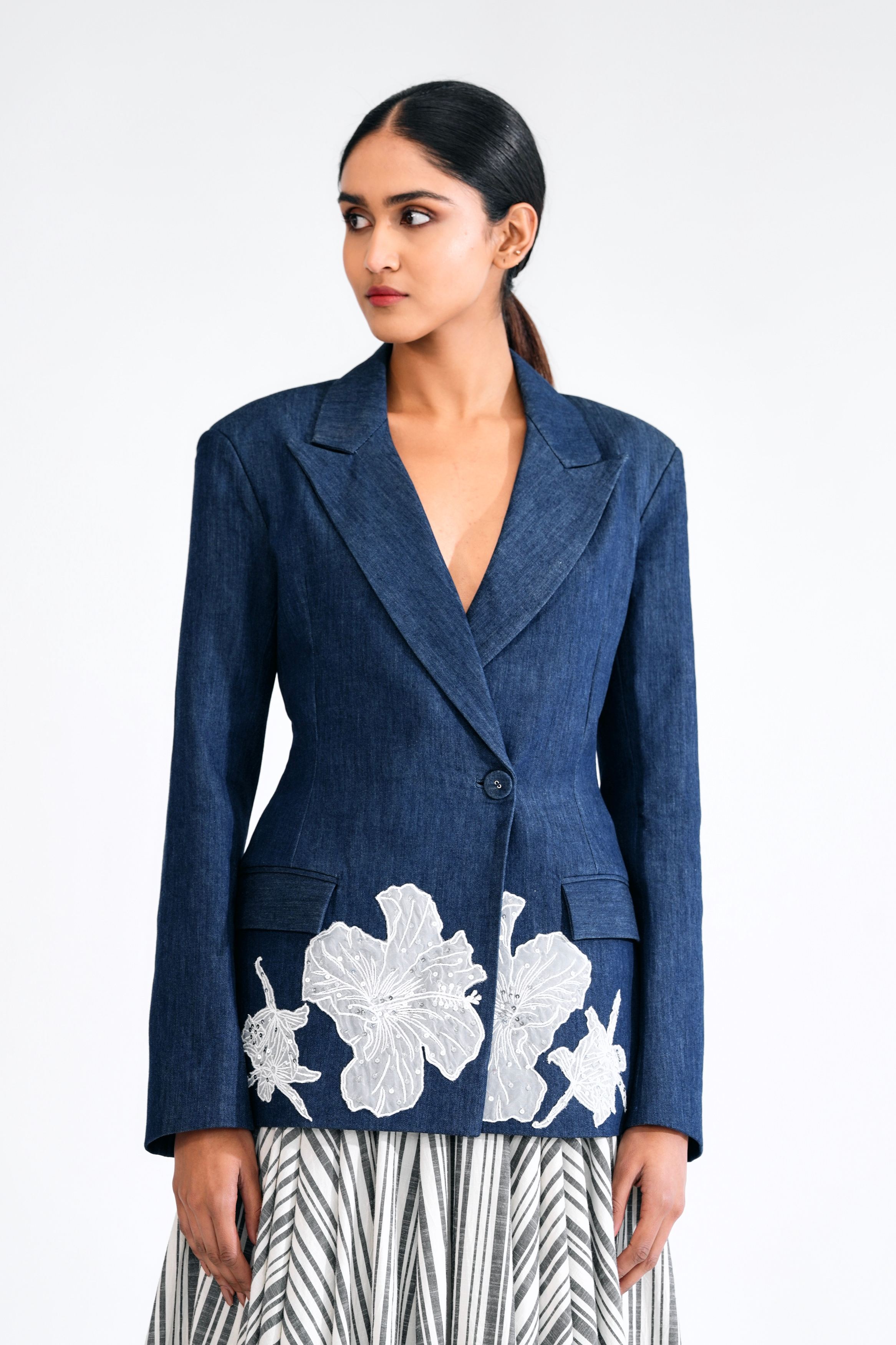 Denim Blazer with Hand-Embellished Floral Appliqué