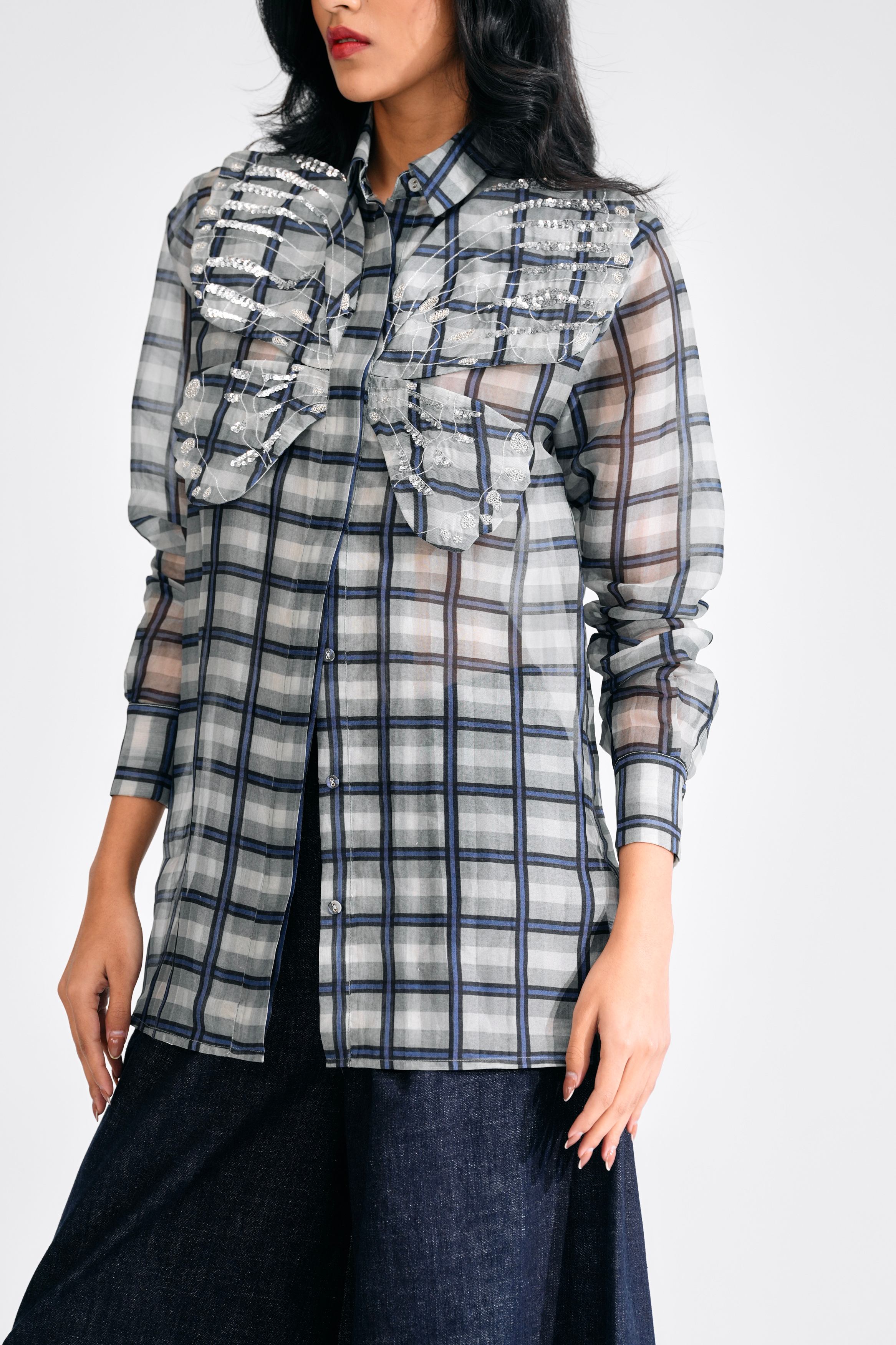 Checked Silk Organza Shirt with Hand-Embellished Wing Motifs