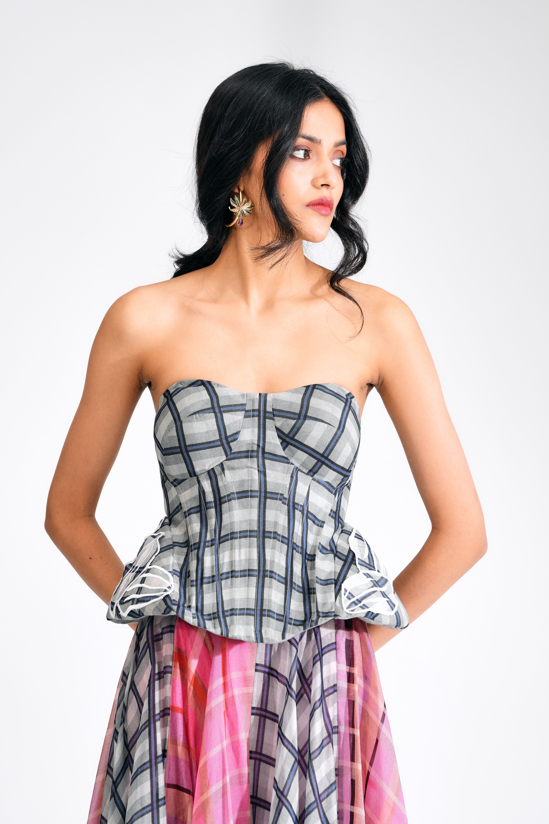Checked Silk Organza Sculpted Blue Corset