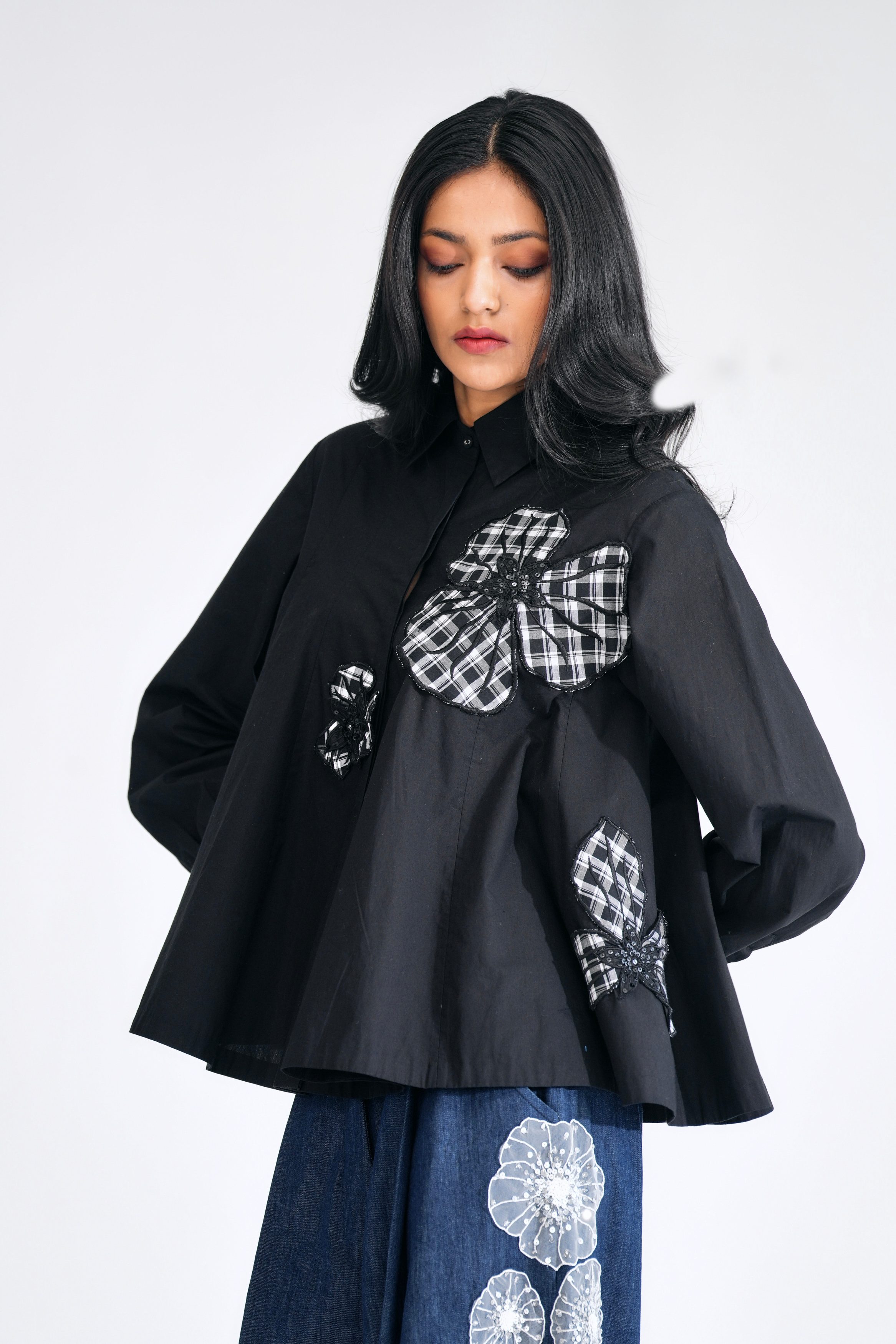 Panelled Poplin Shirt with Checked Floral Appliqué