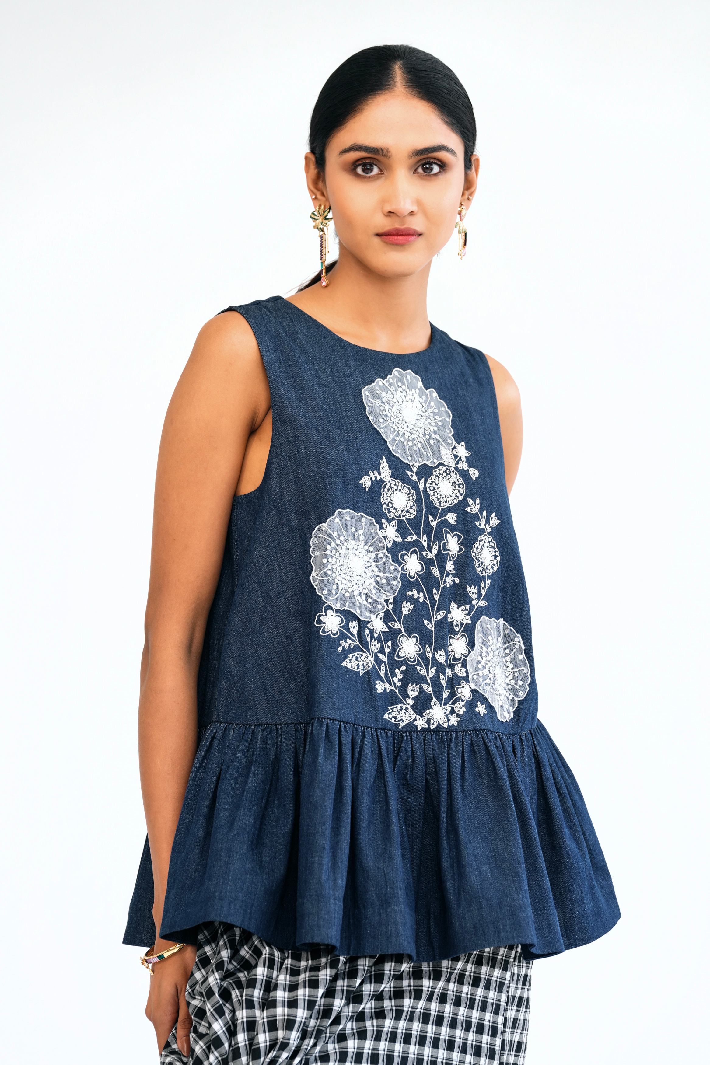 Denim Peplum Top with Hand-Embellished Floral Bouquet