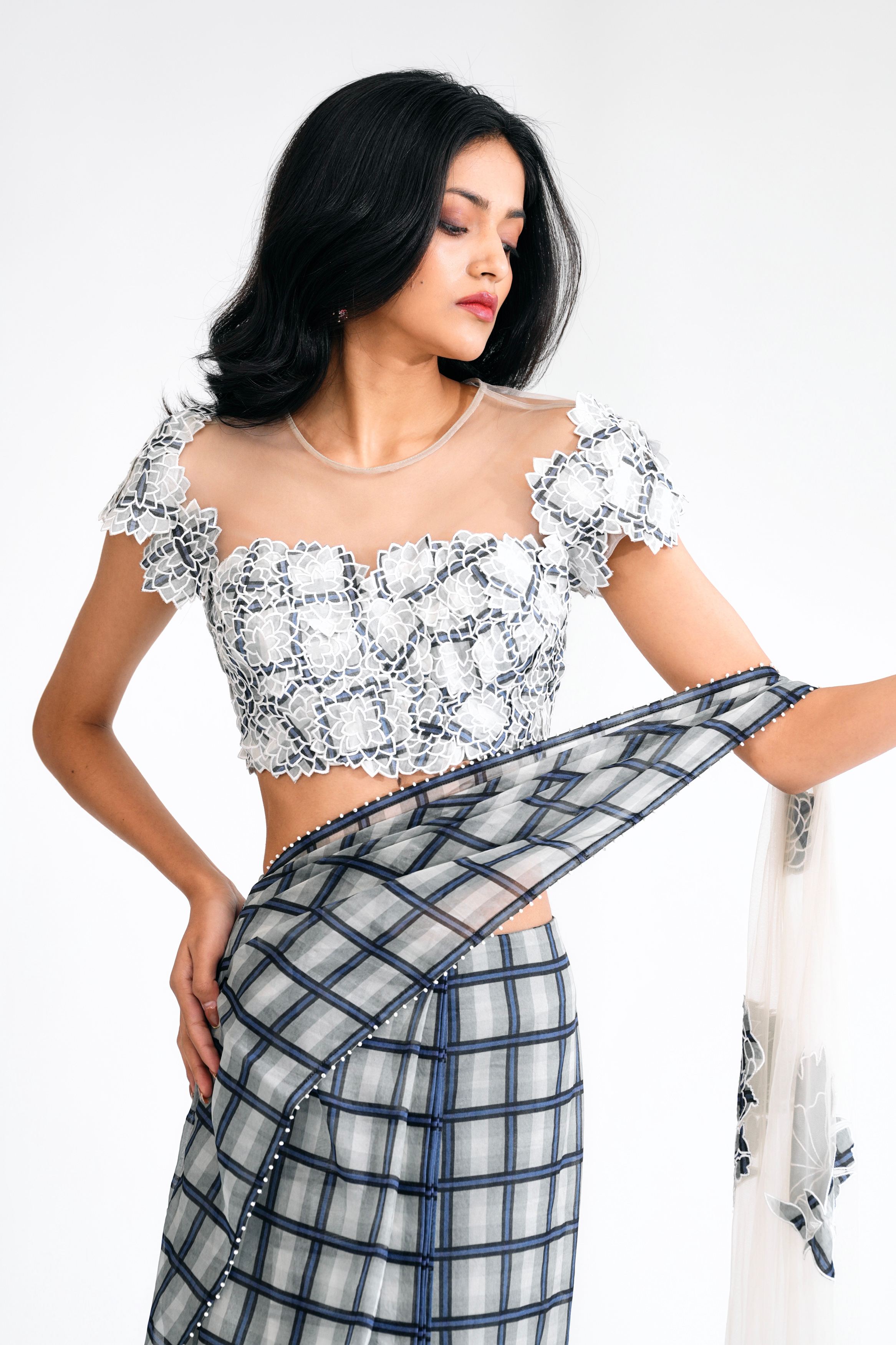 Checked Silk Organza Blouse with Floral Applique