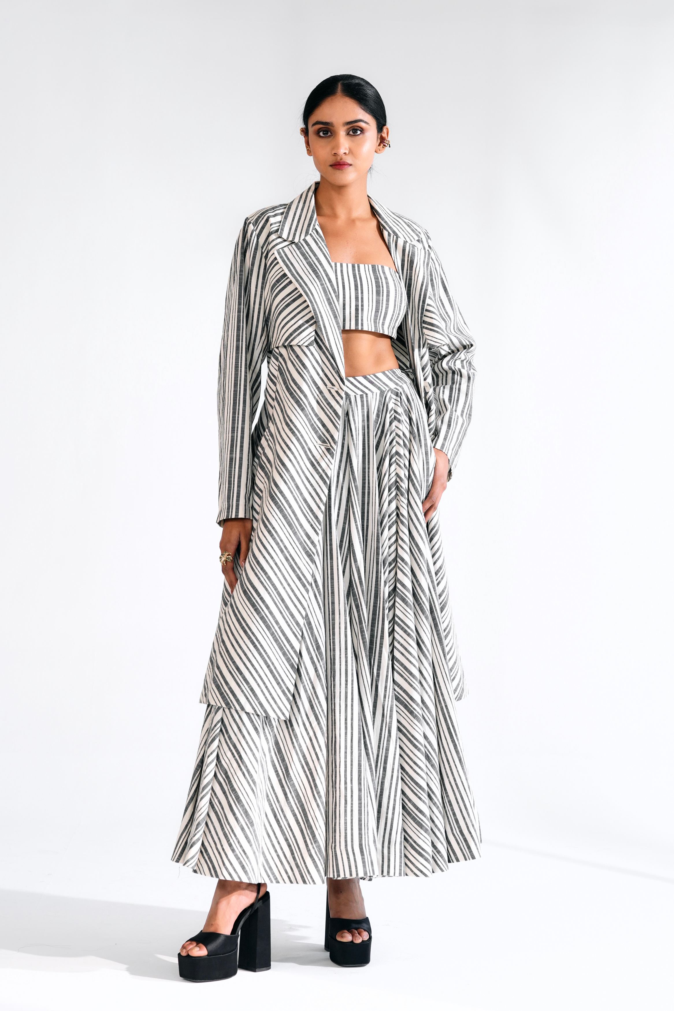 Striped Cotton Tube Top with Shirring and Back Tie-Up