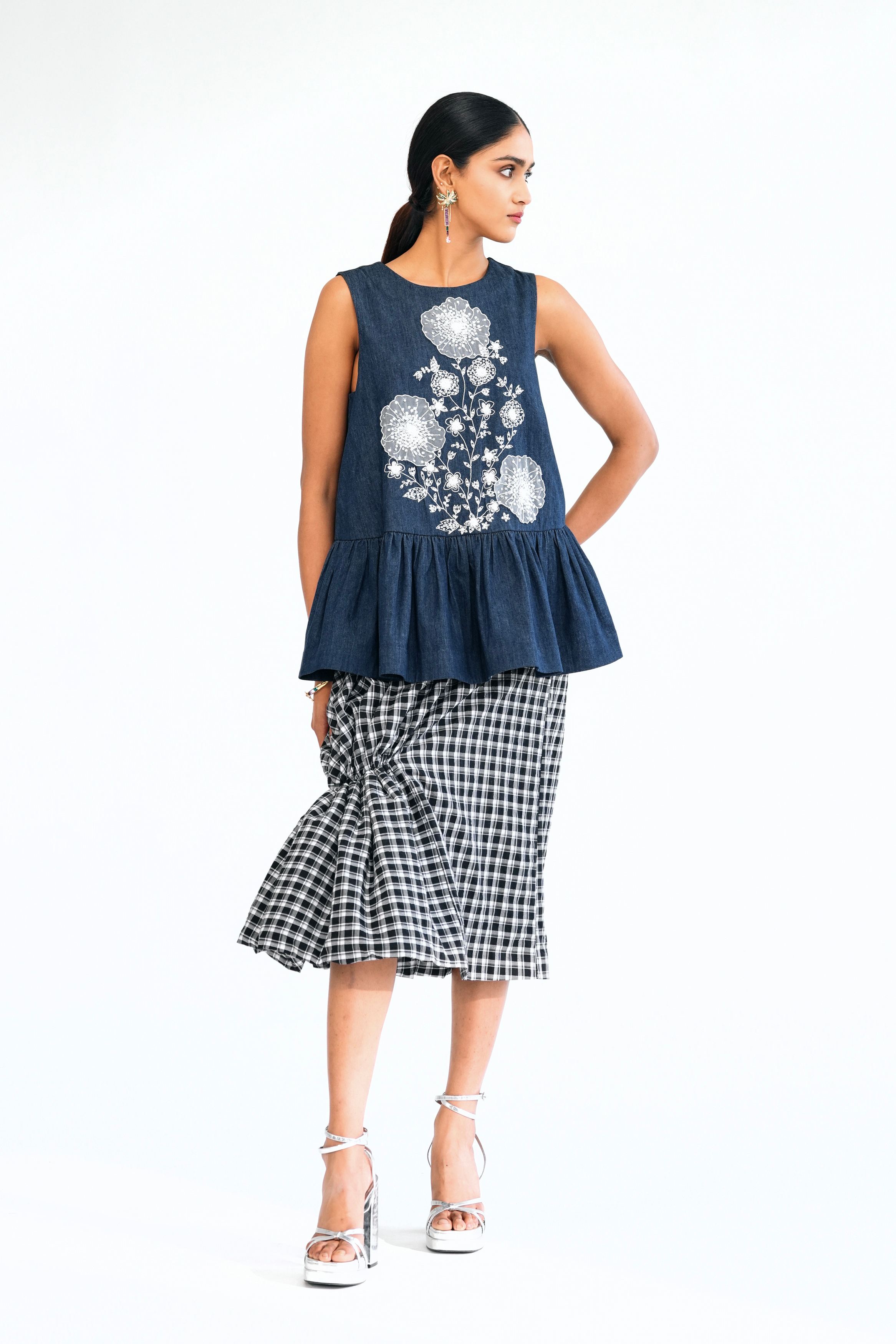 Cotton Checked Midi Skirt with Knot Detail
