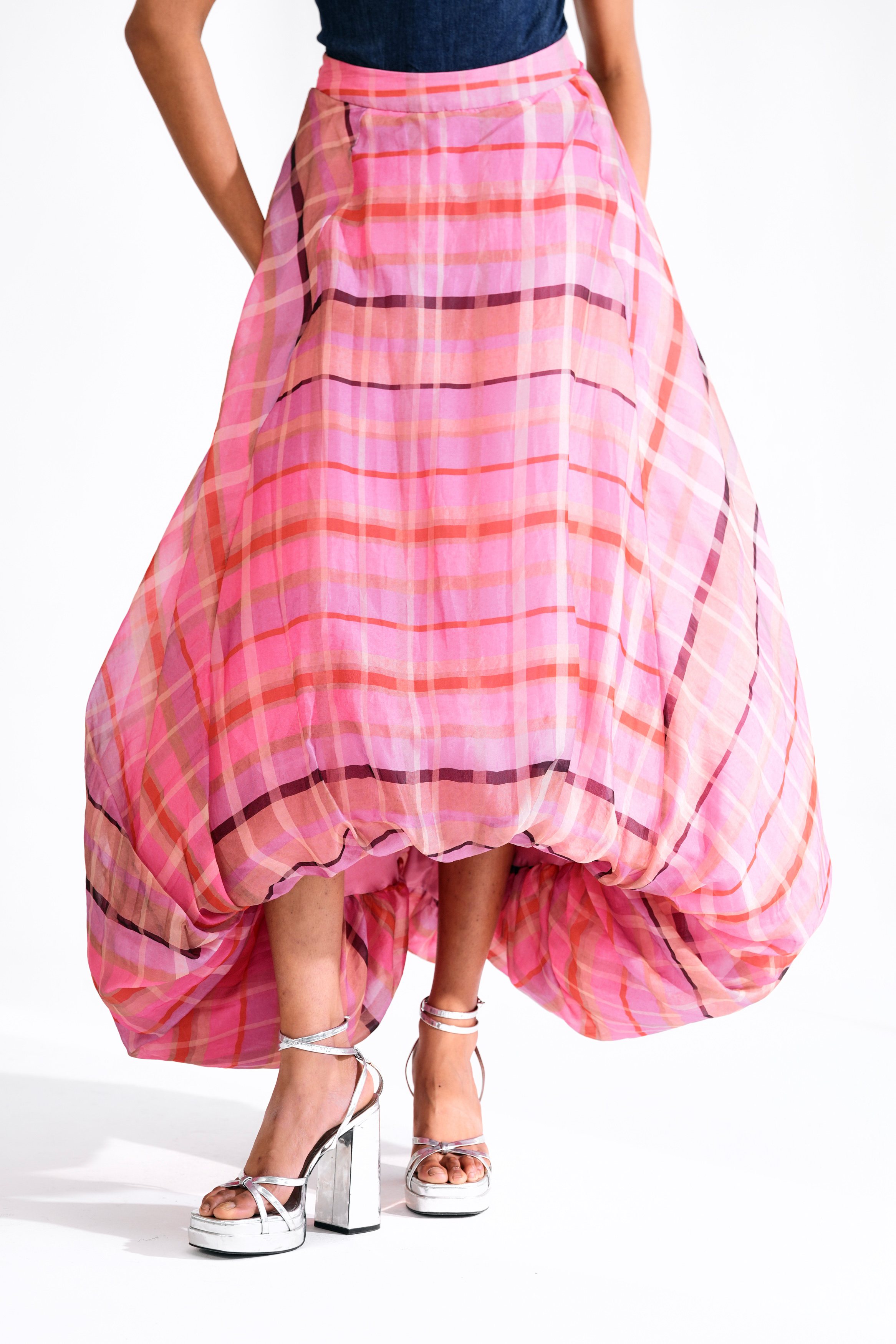 Checked Silk Organza Balloon Midi Skirt