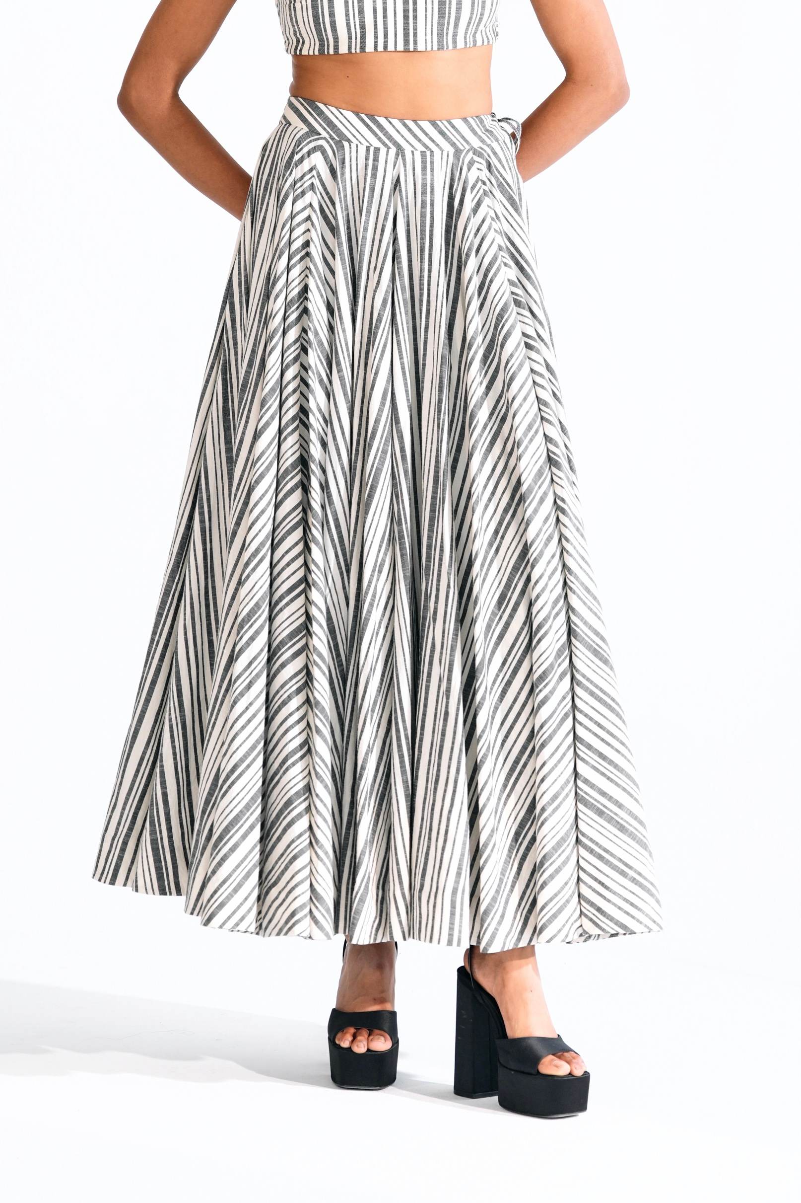 Cotton Striped Flared Panel Skirt