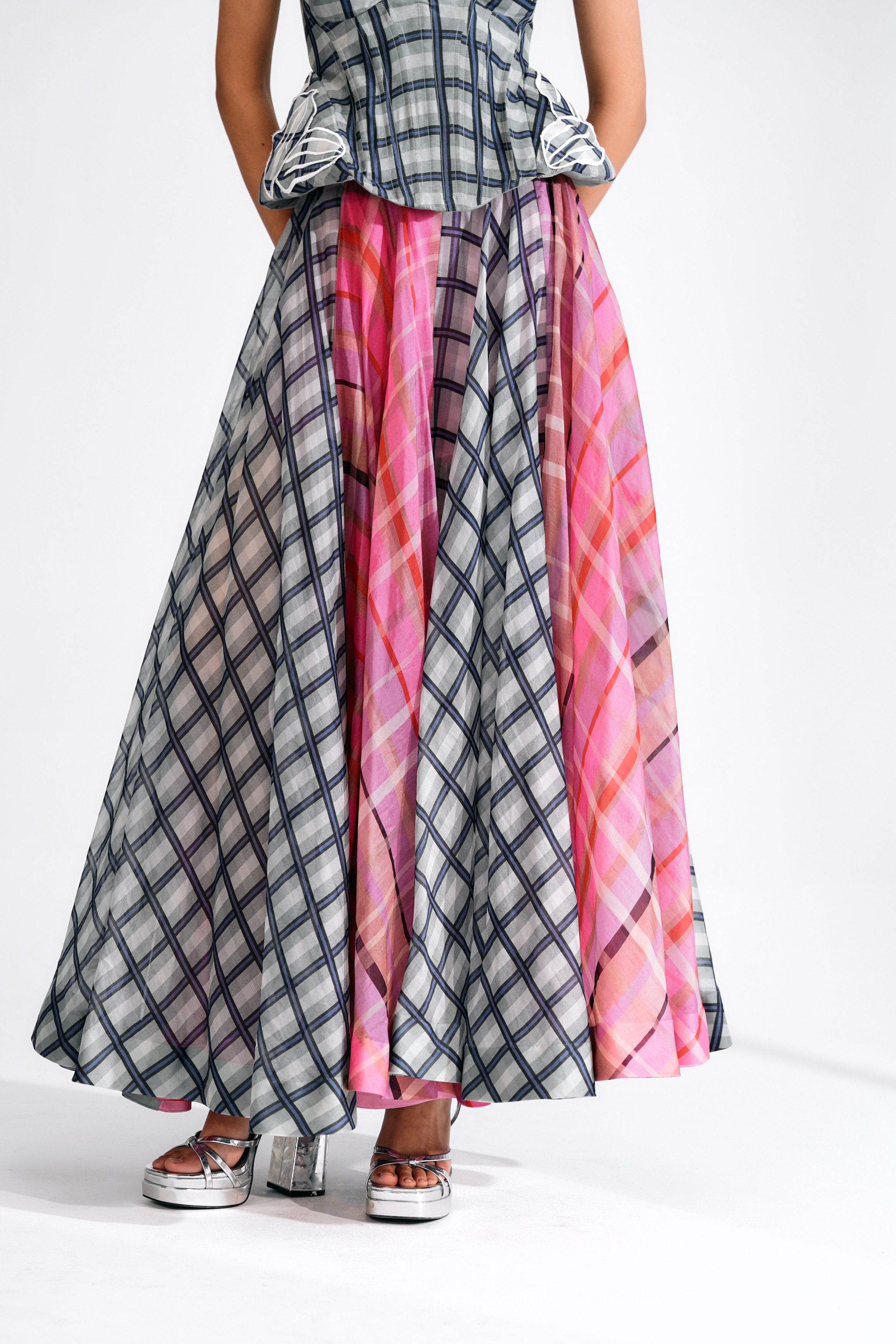 Checked Silk Organza Flared Panel Skirt