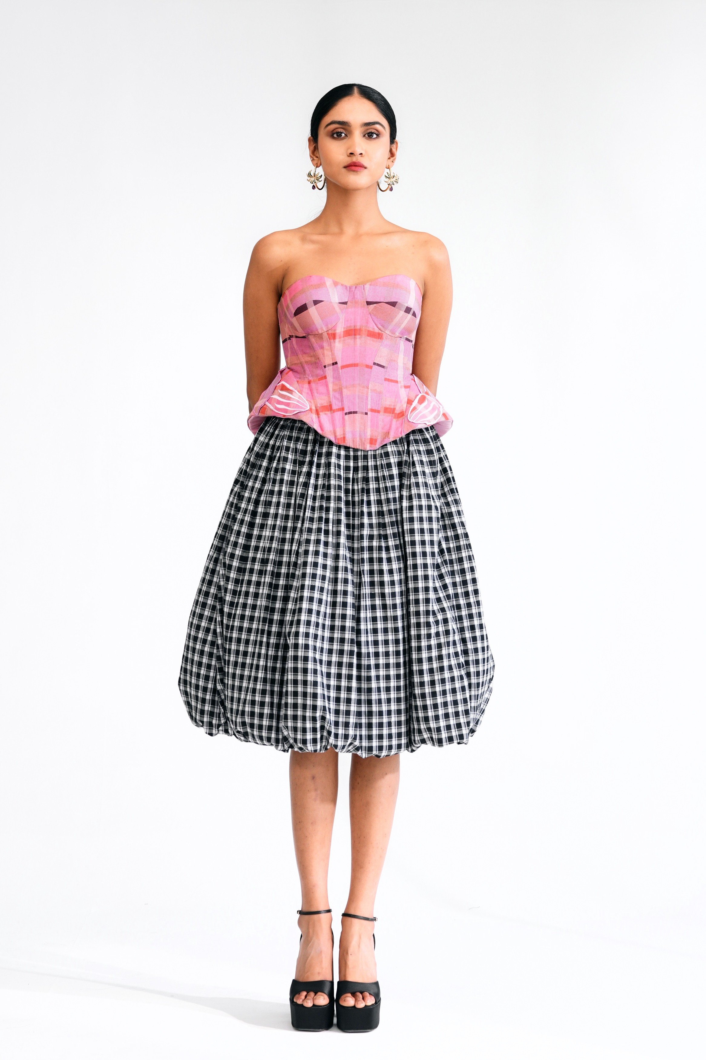 Cotton Checked Pintuck Balloon Skirt