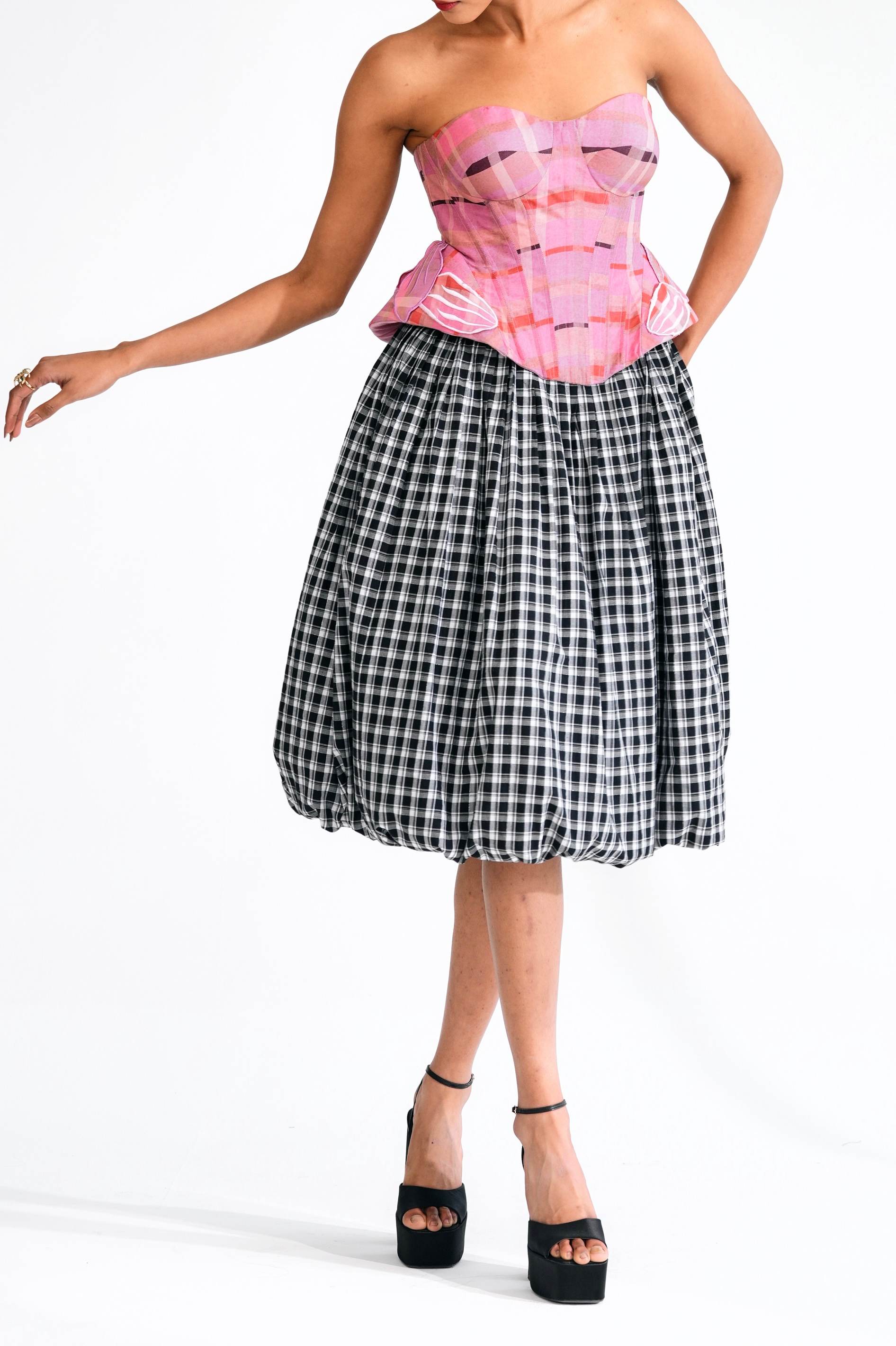 Cotton Checked Pintuck Balloon Skirt