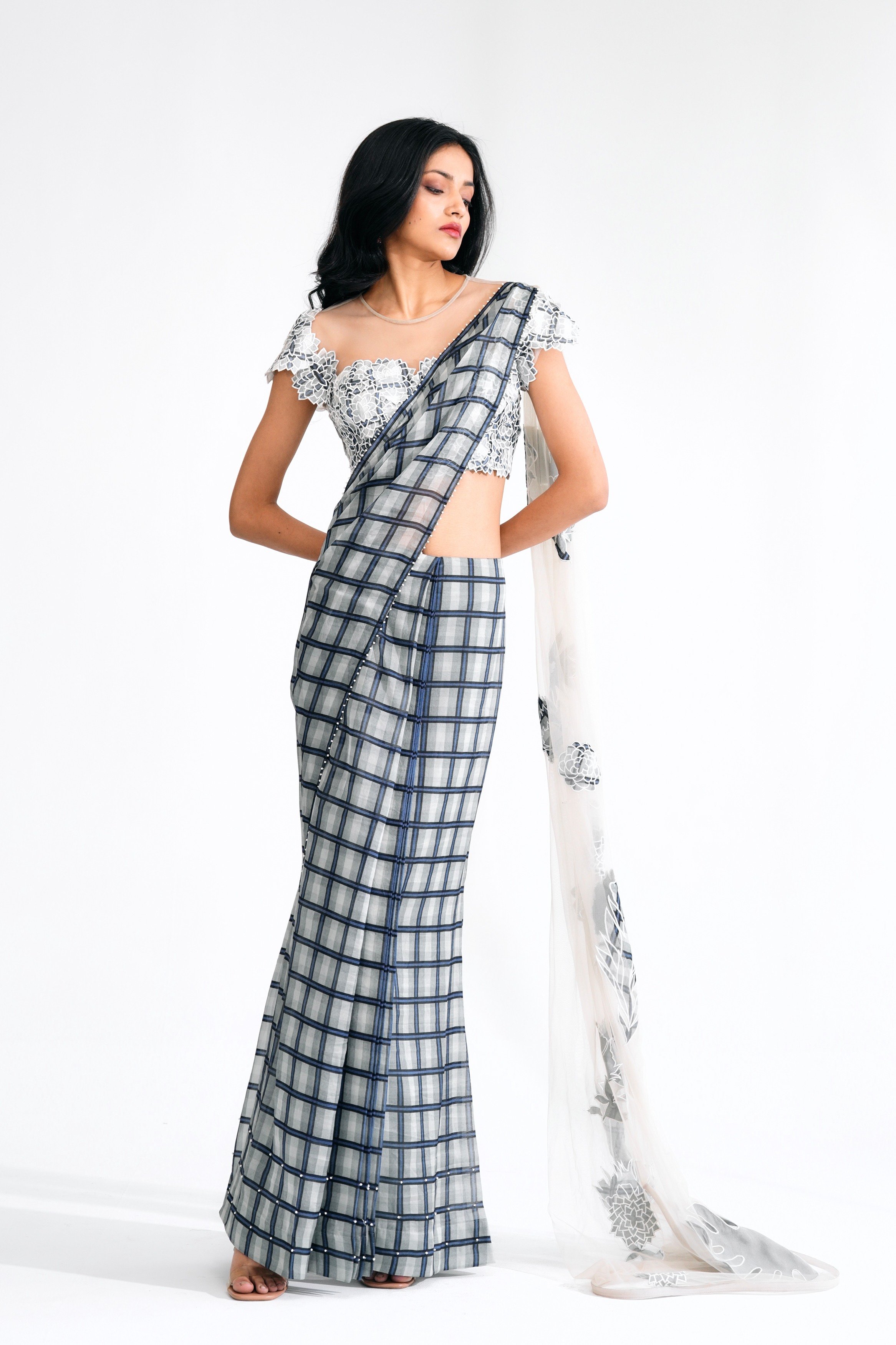 Pre-Pleated Silk Organza Checked Saree with Floral Patchwork Veil