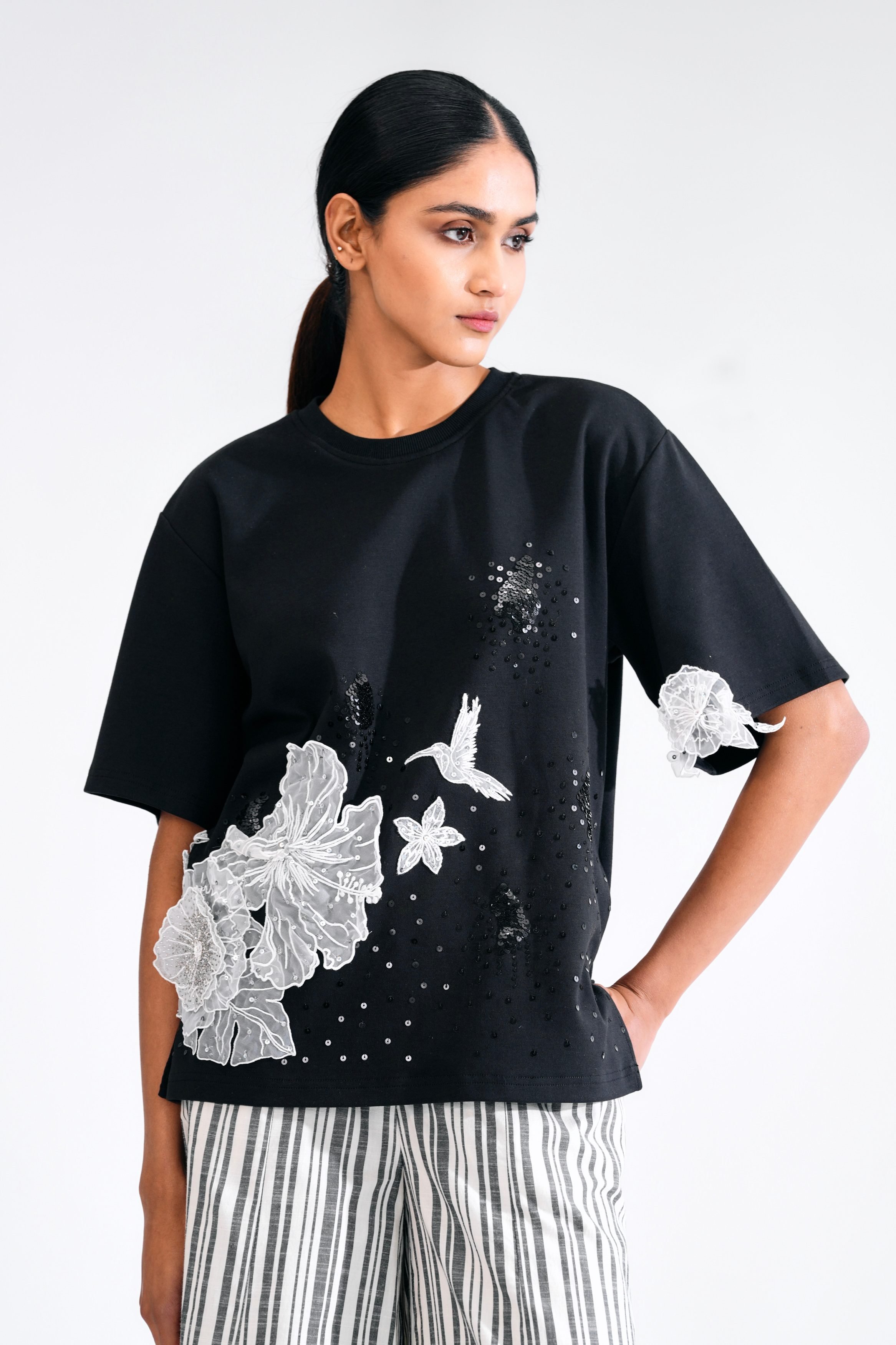 Cotton Jersey T-Shirt with Tulle Floral Appliqué
